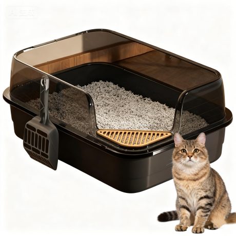 صندوق فضلات القطط بجزء علوي مفتوح شبه مغلق مع مغرفة ومزيل للروائح ودواسة فضلات مفلترة لسهولة التنظيف والتحكم في الرائحة (لون أسود)