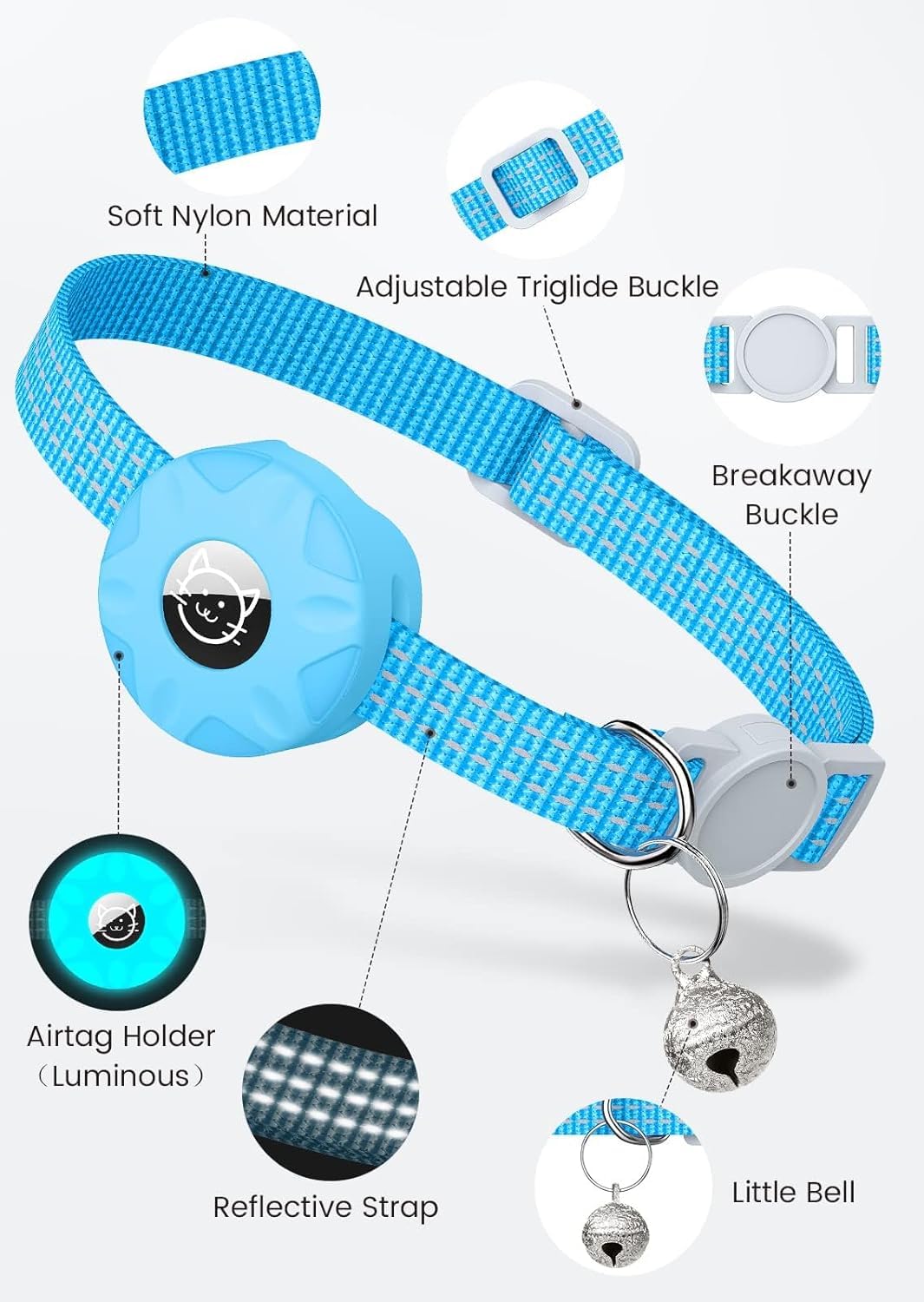 طوق امان عاكس للقطط مع حامل ابل ايرتاج من لابيموس - طوق خفيف الوزن قابل للفصل للقطط والكلاب الصغيرة، ملحقات متوافقة مع جهاز تتبع نظام تحديد المواقع العالمي