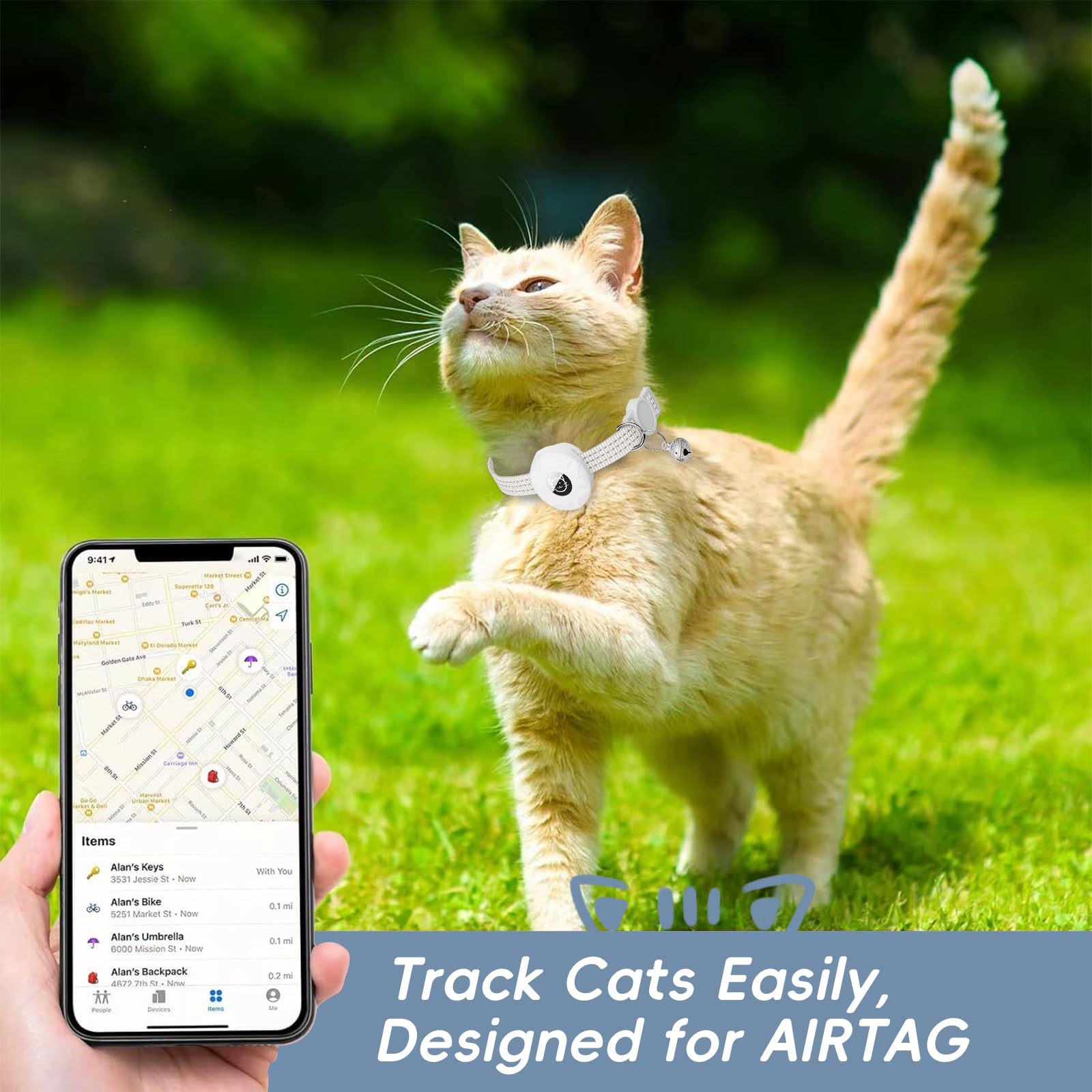 طوق ايرتاج للقطط طوق أمان للحيوانات الأليفة قابل للتعديل مع حافظة مقاومة للماء لحامل ايرتاج من ابل (ايرتاج غير مشمول) بتصميم الجرس من انفوسن، لون رمادي فضي، مقاس من 19 إلى 32 سم للكلاب والقطط الصغيرة