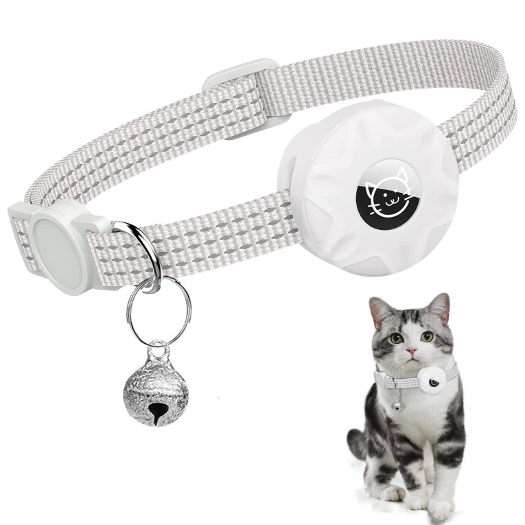 طوق ايرتاج للقطط طوق أمان للحيوانات الأليفة قابل للتعديل مع حافظة مقاومة للماء لحامل ايرتاج من ابل (ايرتاج غير مشمول) بتصميم الجرس من انفوسن، لون رمادي فضي، مقاس من 19 إلى 32 سم للكلاب والقطط الصغيرة