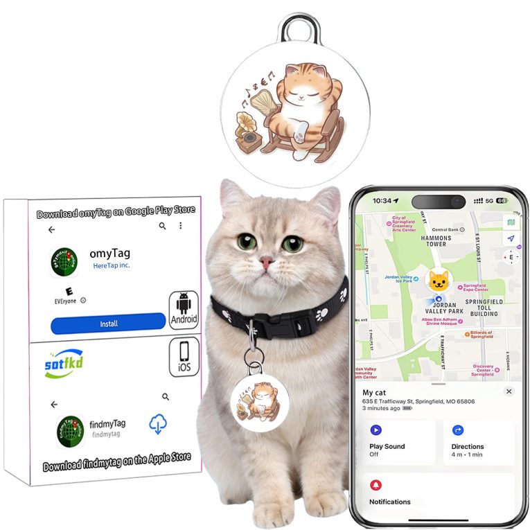 طوق بجهاز تتبع للقطط اير تاج من سوتفكد، جهاز تتبع بنظام تحديد المواقع GPS للقطط، شامل ومتوافق مع نظام اندرويد وiOS، بدون رسوم شهرية، لا يتطلب شحن، مقاوم للماء