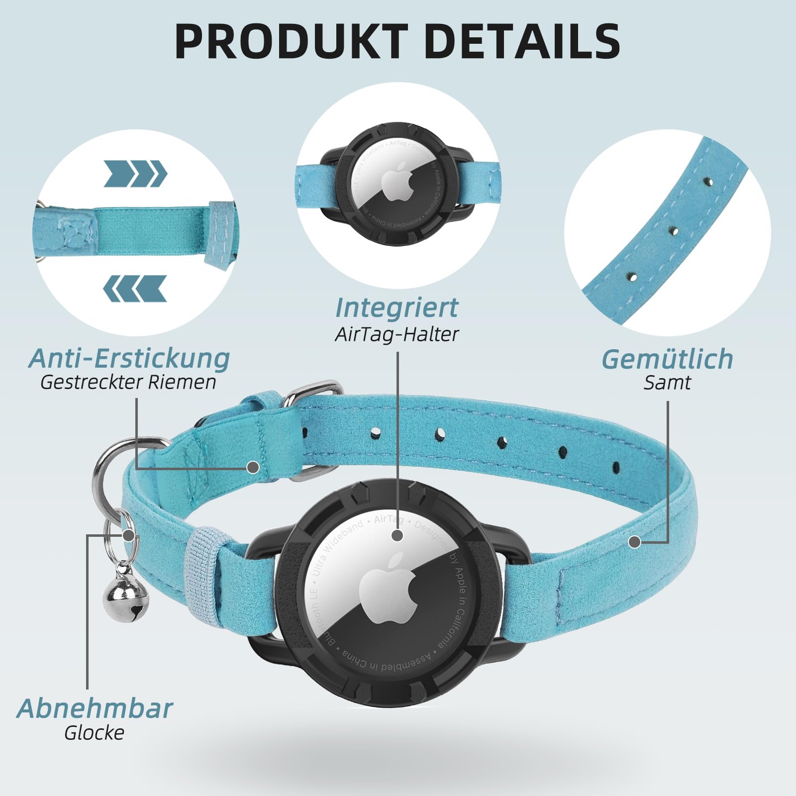 طوق قطة مخملي من ايرتاغ، اطواق قطط مدمجة من ابل اير تاج، نظام تحديد المواقع مع حامل ايرتاج وجرس، جهاز تتبع خفيف الوزن، للبنات والاولاد [اسود، XS]