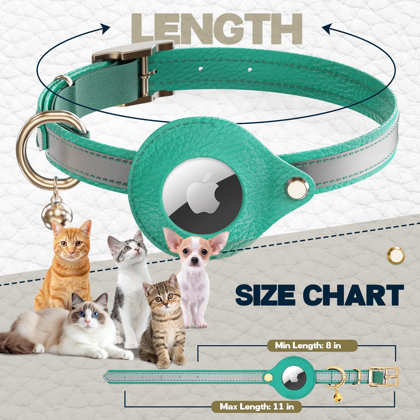 طوق قطط اير تاج جلدي غير قابل للكسر، طوق قطط عاكس قابل للتعديل مع جرس وحزام مرن للقطط، طوق خفيف الوزن للقطط والجراء (ازرق مخضر)