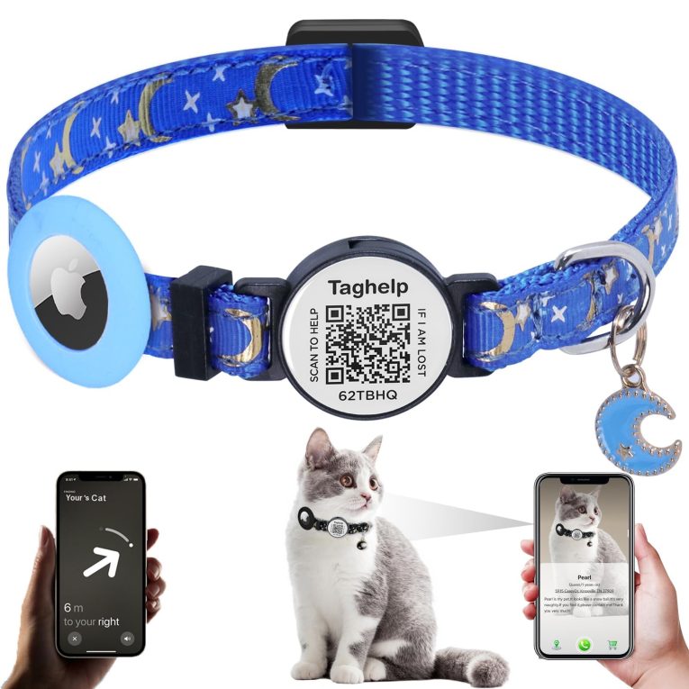 طوق قطط اير تاغ من تاجهيل، طوق قابل للفصل للقطط مع اقمار ونجوم ذهبية خفيفة الوزن لابل اير تاج، حامل جهاز تتبع GPS للقطط، طوق القطط القطط، (اسود وازرق وزهري)