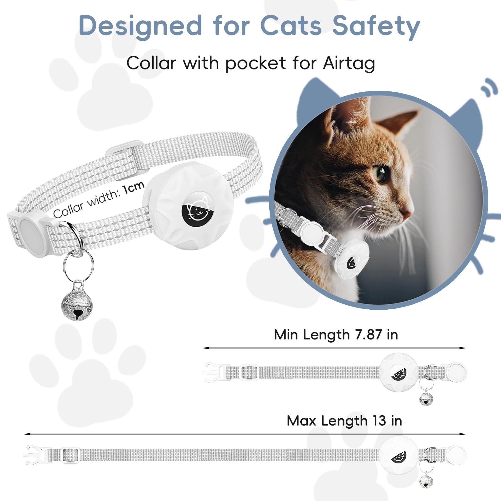 طوق قطط ايرتاج، طوق أمان للحيوانات الأليفة قابل للتعديل مع حافظة مقاومة للماء، حامل ابل ايرتاج بتصميم جرس مناسب للكلاب الصغيرة والقطط من انفوسن، مقاس 19-32 سم (رمادي فضي + أسود) (ايرتاج غير متضمن)