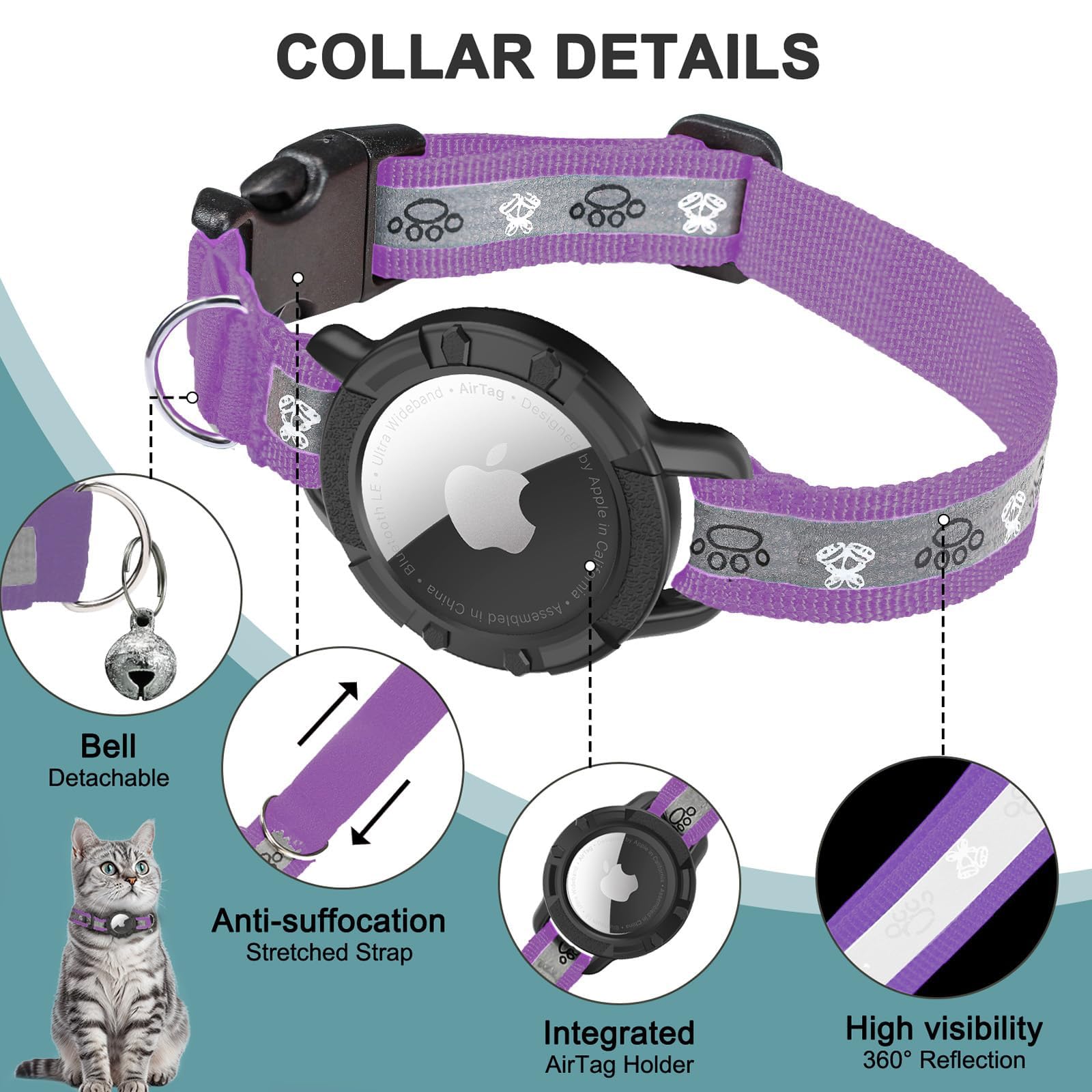 طوق قطط عاكس لجهاز ايرتاج من اودوكيل، طوق قطط مدمج بنظام تحديد المواقع مع حامل اير تاج وجرس، اطواق قطط بشريط مطاطي امن للبنات والاولاد والقطط والجراء [ارجواني فاتح، مقاس XS)