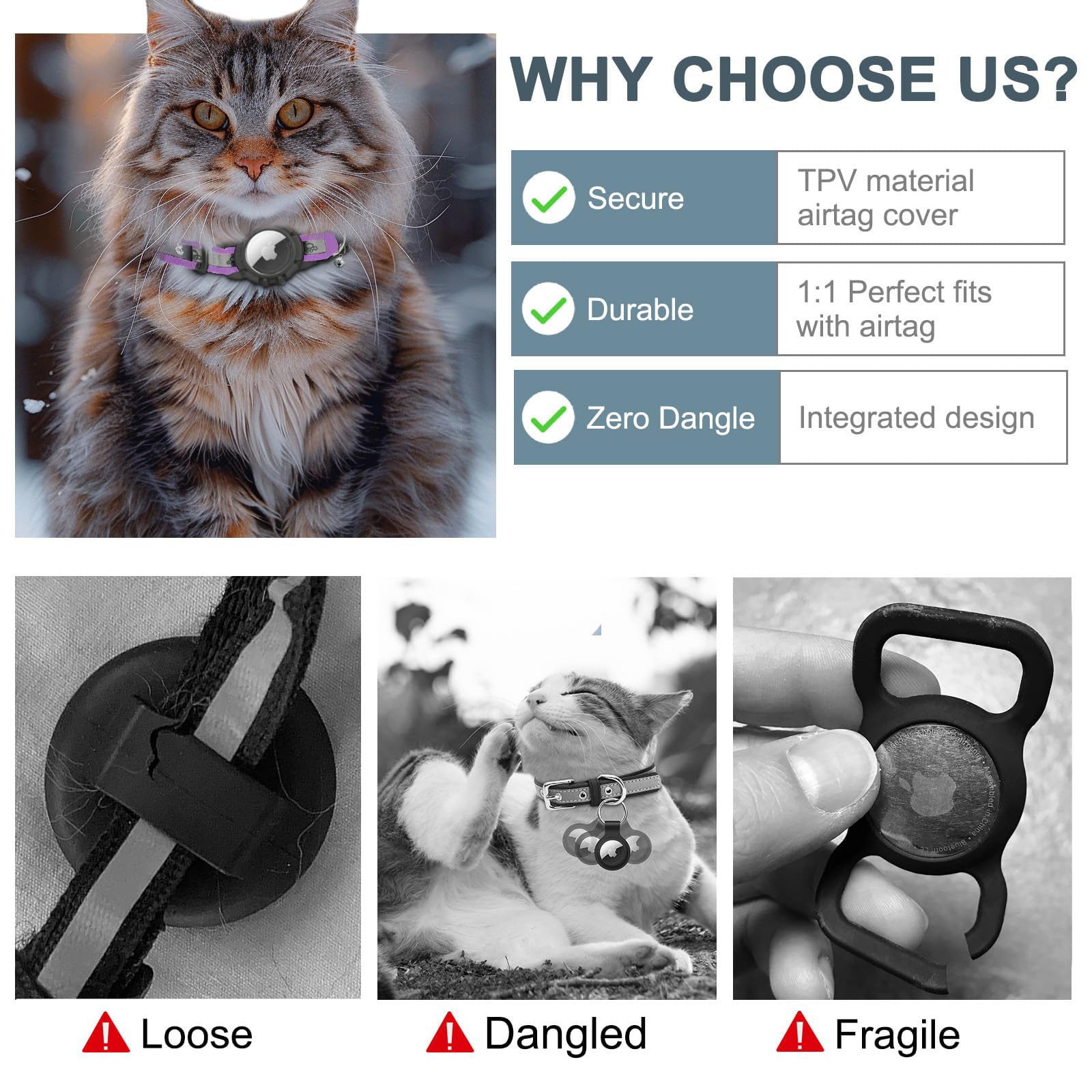 طوق قطط عاكس لجهاز ايرتاج من اودوكيل، طوق قطط مدمج بنظام تحديد المواقع مع حامل اير تاج وجرس، اطواق قطط بشريط مطاطي امن للبنات والاولاد والقطط والجراء [ارجواني فاتح، مقاس XS)