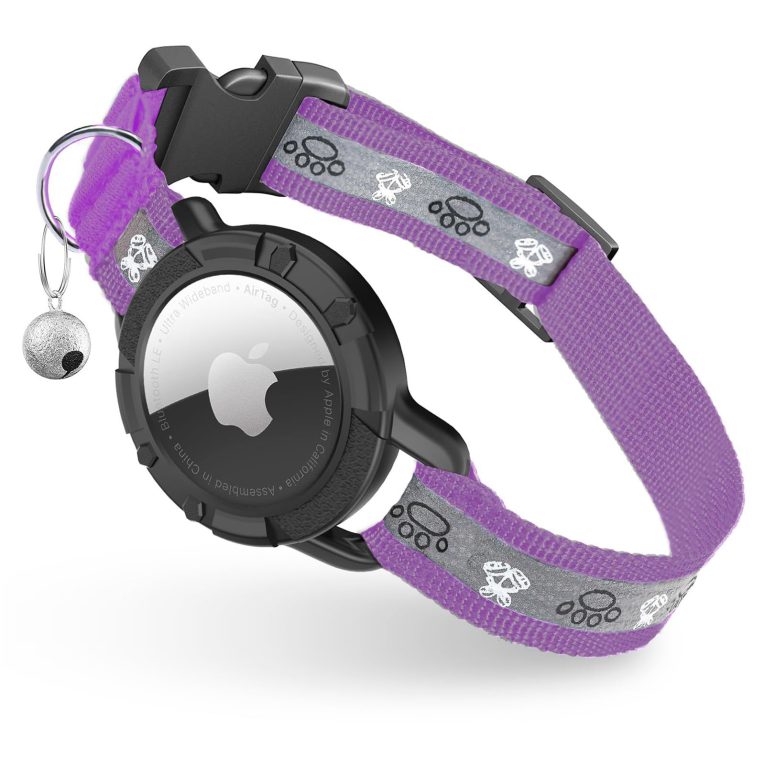 طوق قطط عاكس لجهاز ايرتاج من اودوكيل، طوق قطط مدمج بنظام تحديد المواقع مع حامل اير تاج وجرس، اطواق قطط بشريط مطاطي امن للبنات والاولاد والقطط والجراء [ارجواني فاتح، مقاس XS)