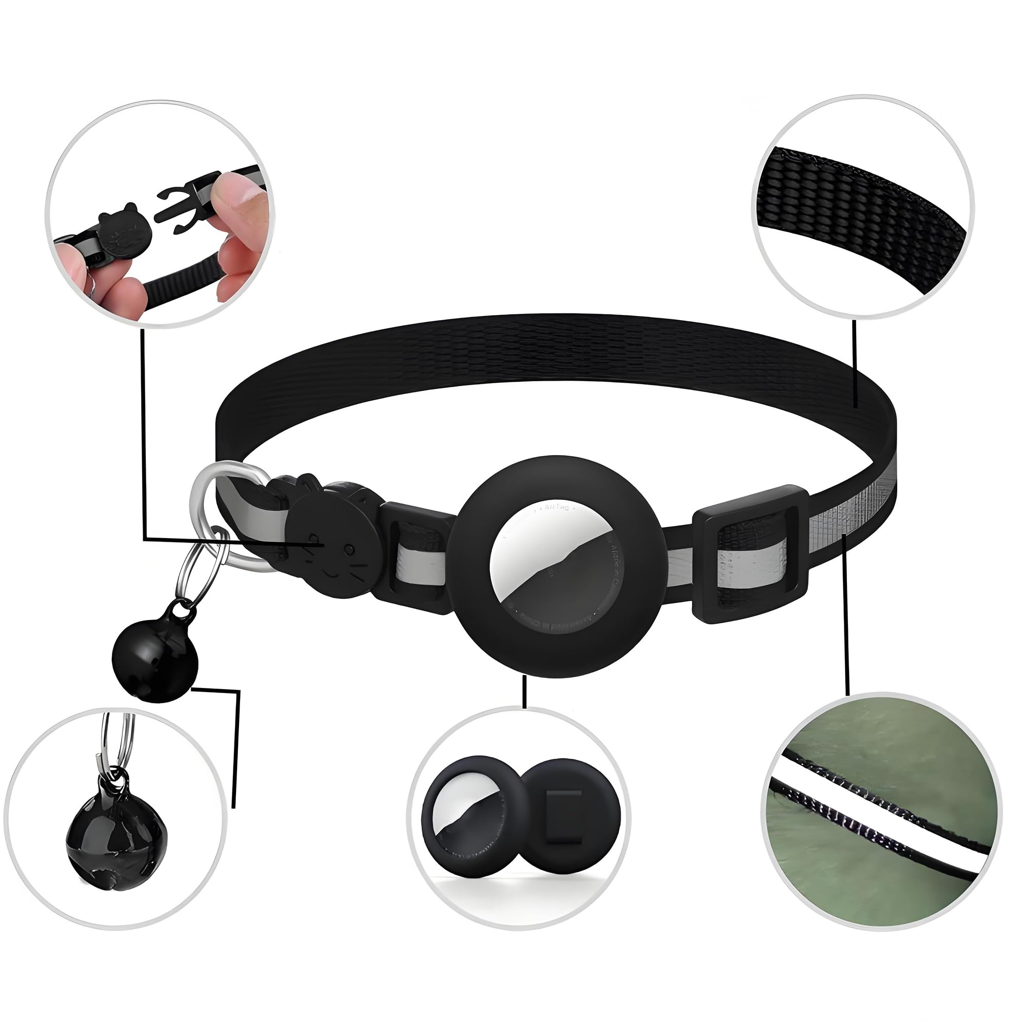 طوق قطط عاكس لجهاز ايرتاج، طوق تتبع مدمج وجرس، طوق امان مرن للقطط والكلاب، اسود