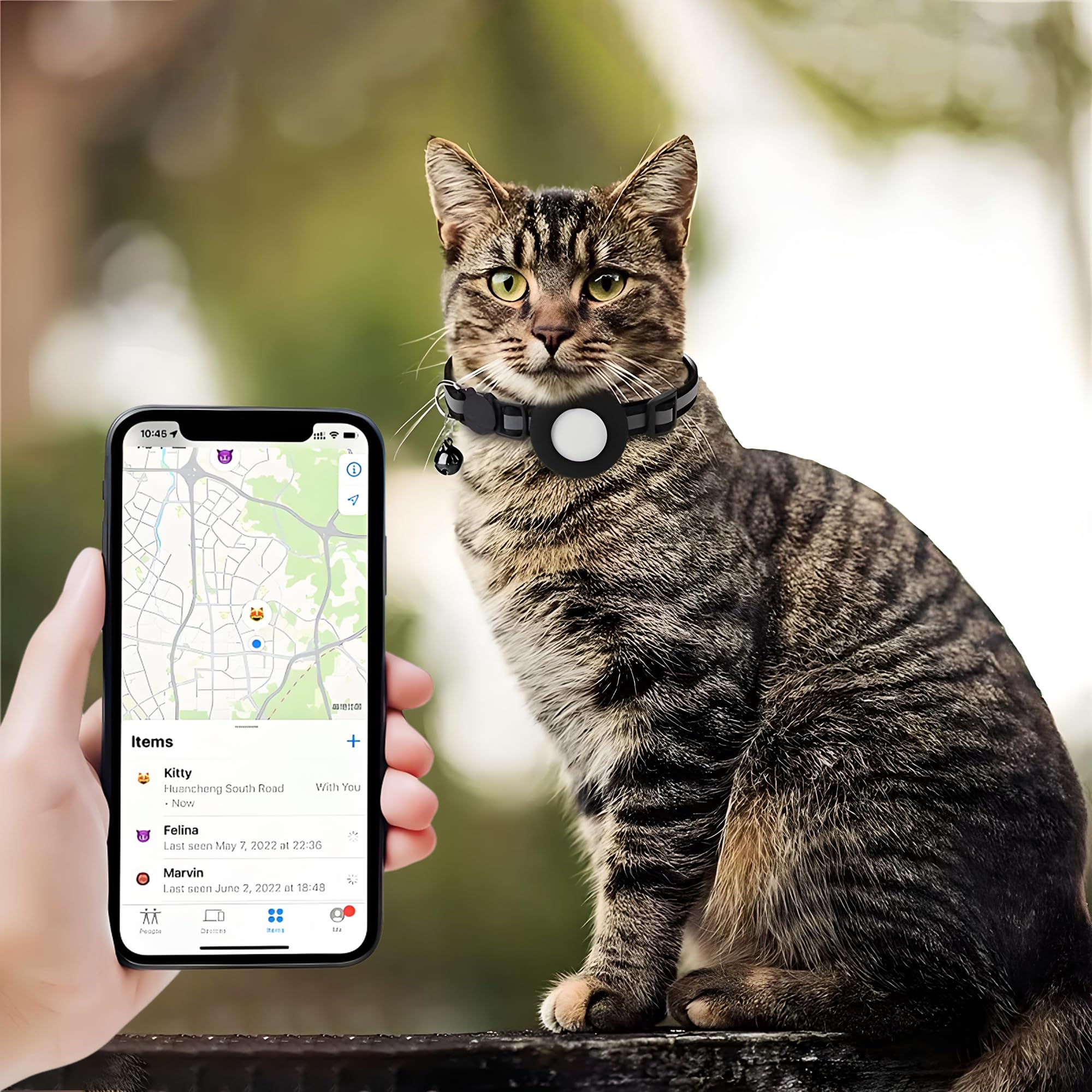 طوق قطط عاكس لجهاز ايرتاج، طوق تتبع مدمج وجرس، طوق امان مرن للقطط والكلاب، اسود