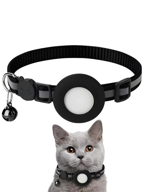 طوق قطط عاكس لجهاز ايرتاج، طوق تتبع مدمج وجرس، طوق امان مرن للقطط والكلاب، اسود