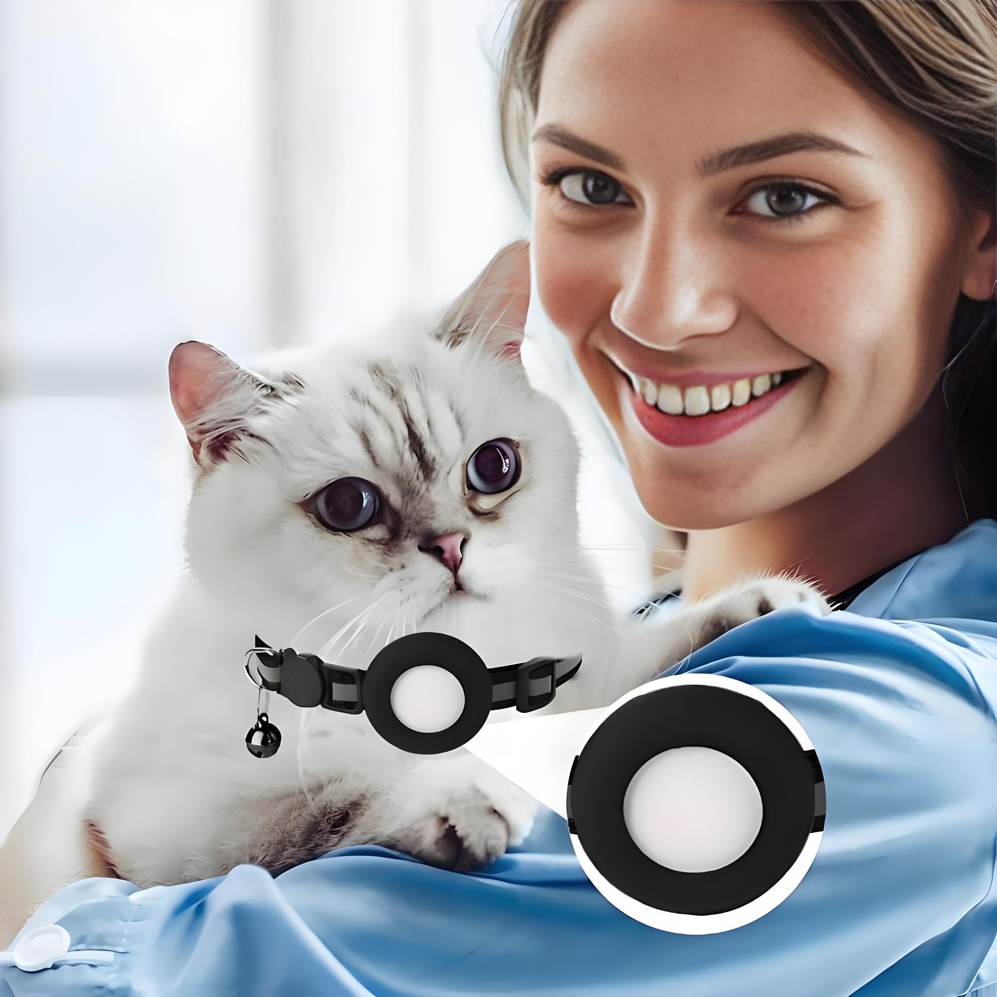 طوق قطط عاكس لجهاز ايرتاج، طوق تتبع مدمج وجرس، طوق امان مرن للقطط والكلاب، اسود