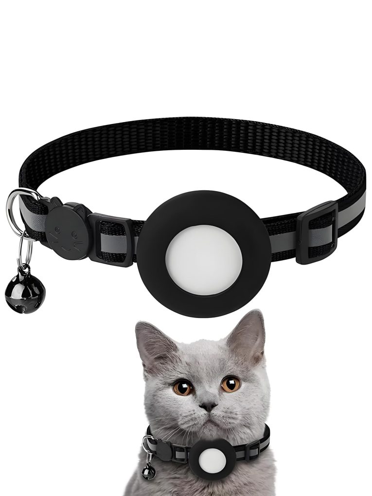 طوق قطط عاكس لجهاز ايرتاج، طوق تتبع مدمج وجرس، طوق امان مرن للقطط والكلاب، اسود