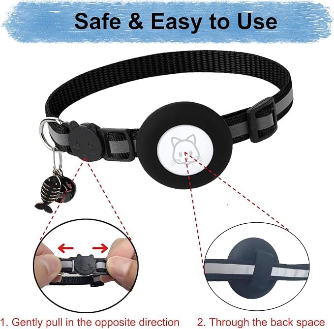 طوق قطط قابل للفصل مع حامل ايرتاج عاكس قابل للتعديل مع جرس مدمج مع نظام تحديد المواقع GPS لتتبع القطط والجراء للبنات والاولاد والقطط (اسود)