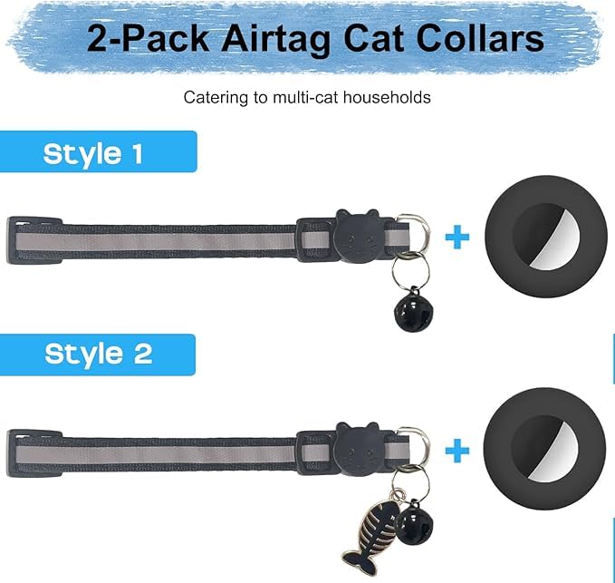 طوق قطط قابل للفصل مع حامل ايرتاج عاكس قابل للتعديل مع جرس مدمج مع نظام تحديد المواقع GPS لتتبع القطط والجراء للبنات والاولاد والقطط (اسود)