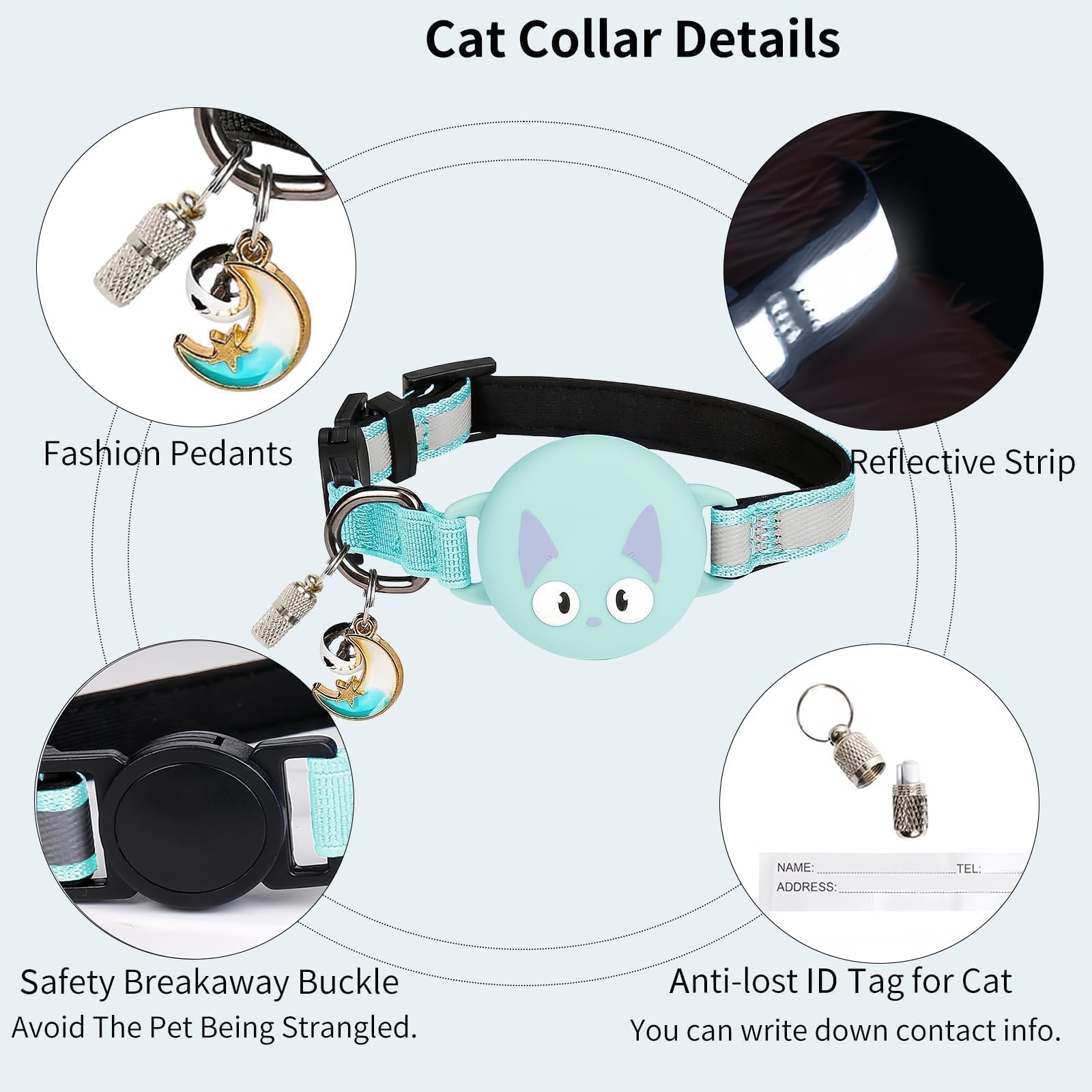 طوق للقطط قابل للانفصال من ويينجر، بتصميم مضيء في الليل، مزود بمشبك امان مخفي لجهاز تتبع نظام تحديد المواقع الجغرافي، طوق للقطط مع حزام مرن للامان ونظام تحديد المواقع العالمي (GPS) للقطط (اخضر مينت)