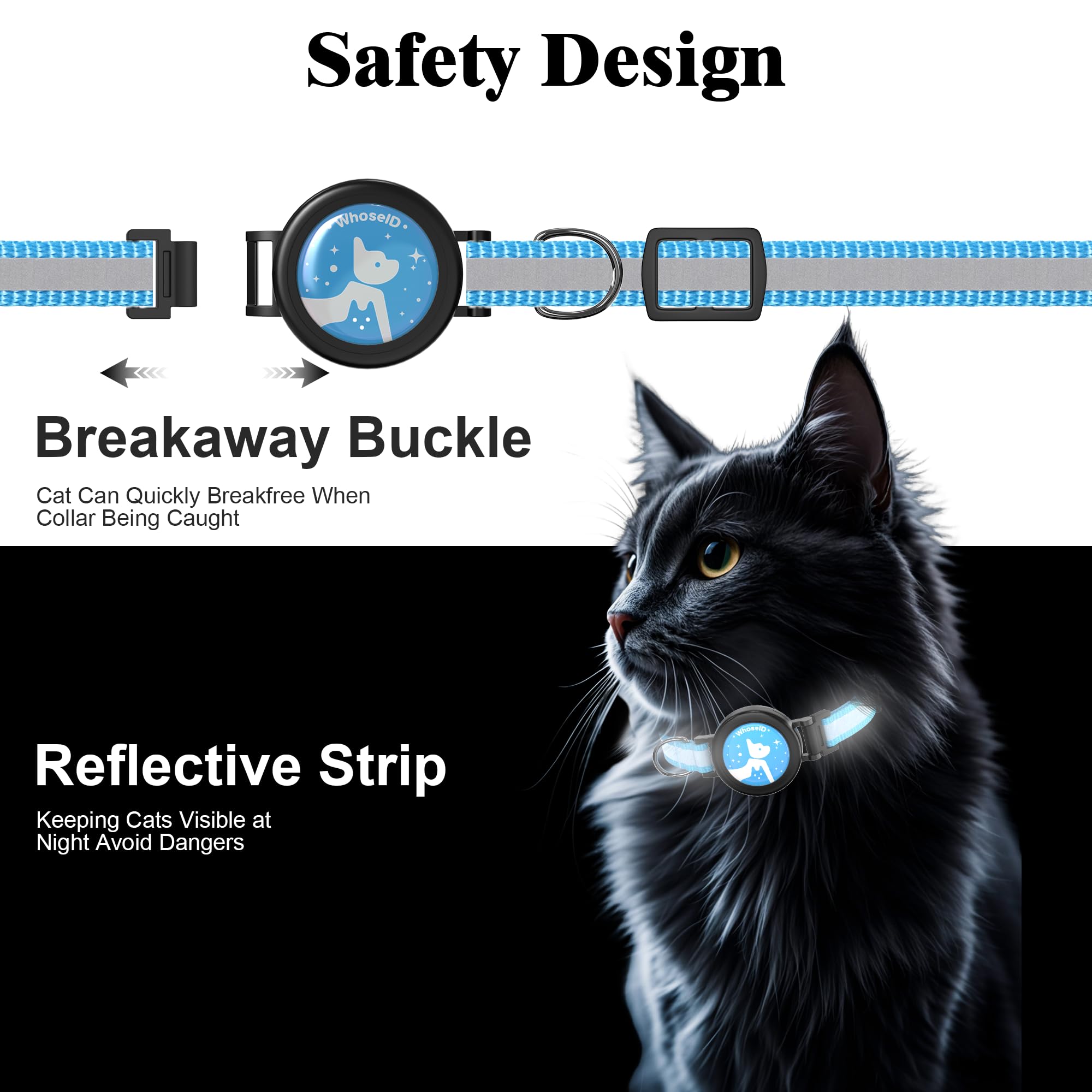 طوق للقطط مع اجراس 2 في 1 من هوسي اي دي، طوق عاكس قابل للانفصال قابل للتعديل ومقاوم للماء، حامل ايرتاج للحيوانات الاليفة وجهاز تتبع القطط (اسود)