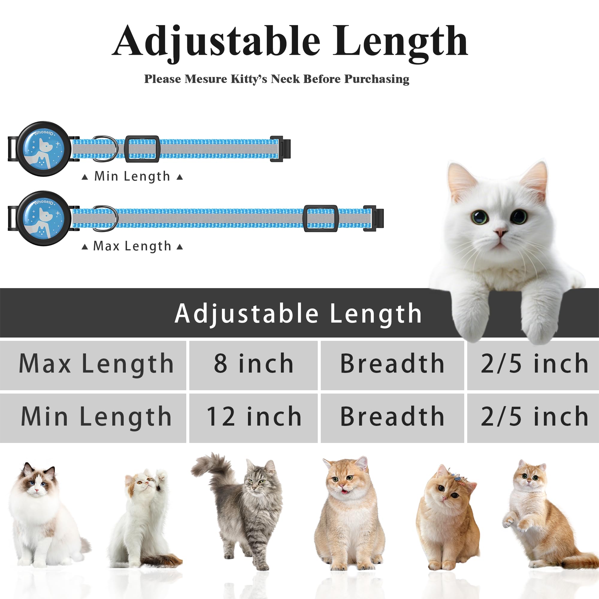 طوق للقطط مع اجراس 2 في 1 من هوسي اي دي، طوق عاكس قابل للانفصال قابل للتعديل ومقاوم للماء، حامل ايرتاج للحيوانات الاليفة وجهاز تتبع القطط (اسود)