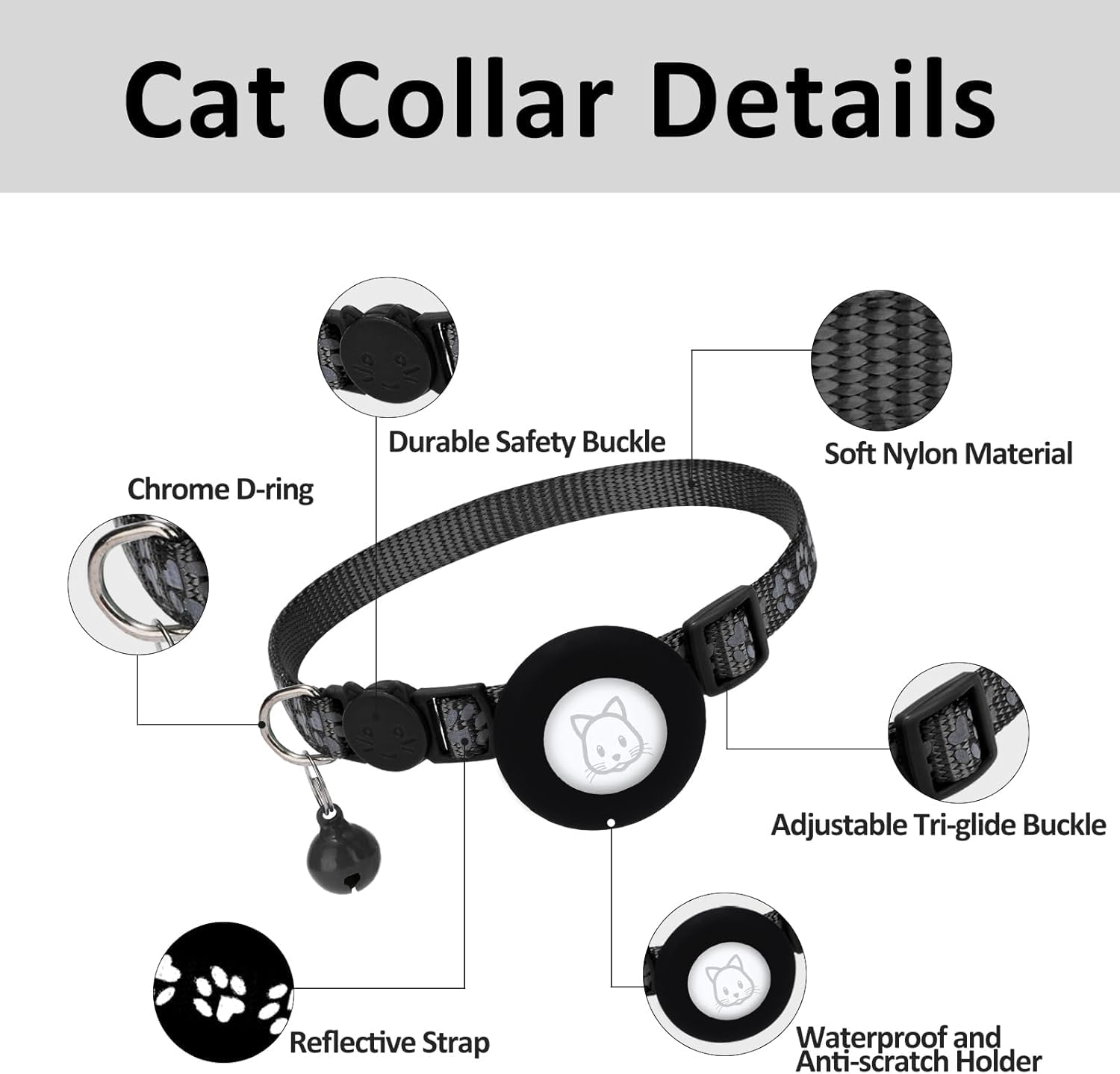 طوق للقطط مع جرس قابل للتعديل للقطط الصغيرة والجراء والكلاب الصغيرة، طوق كيتي لطيف مع حامل بطاقة متوافق مع ايرتاج، طوق قطط امن مرن لتتبع هوية الاسم