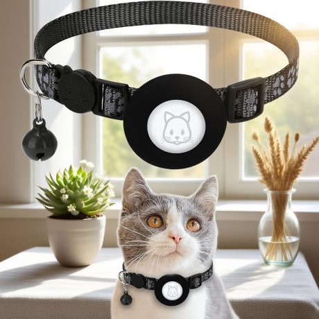 طوق للقطط مع جرس قابل للتعديل للقطط الصغيرة والجراء والكلاب الصغيرة، طوق كيتي لطيف مع حامل بطاقة متوافق مع ايرتاج، طوق قطط امن مرن لتتبع هوية الاسم