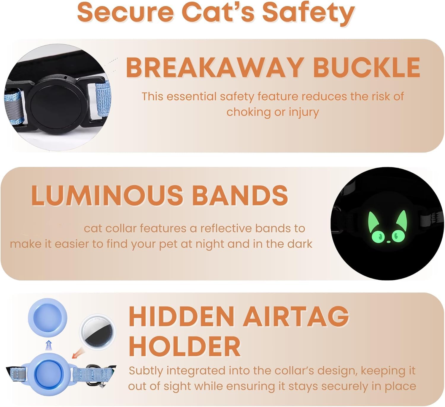 طوق للقطط مع جهاز تعقب، طوق قابل للفصل لجهاز ابل ايرتاج، مضيء قابل للتعديل مع جرس، جهاز تتبع مقاوم للماء للقطط والقطط الصغيرة (اسود)