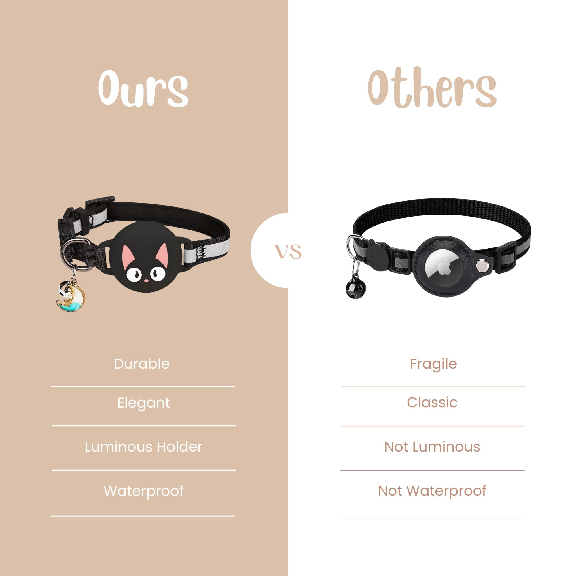 طوق للقطط مع جهاز تعقب، طوق قابل للفصل لجهاز ابل ايرتاج، مضيء قابل للتعديل مع جرس، جهاز تتبع مقاوم للماء للقطط والقطط الصغيرة (اسود)