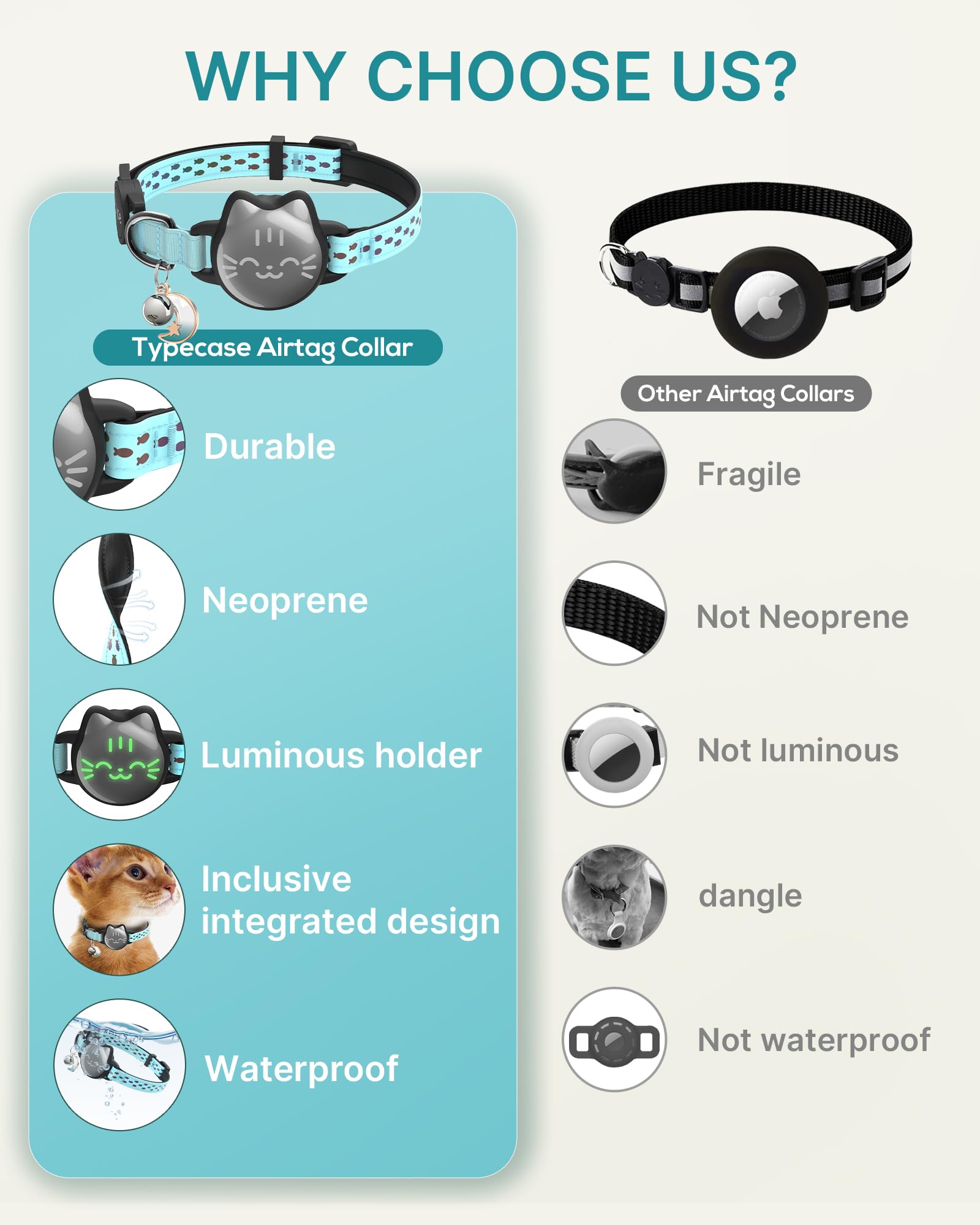 طوق للقطط مقاوم للماء، طوق قابل للفصل بنمط سمكة مضيئة وعاكسة، طوق للقطط الصغيرة خفيف الوزن لجهاز ابل اير تاج، جهاز تتبع GPS مخفي للقطط والقطط الصغيرة والجراء (9-13 انش)