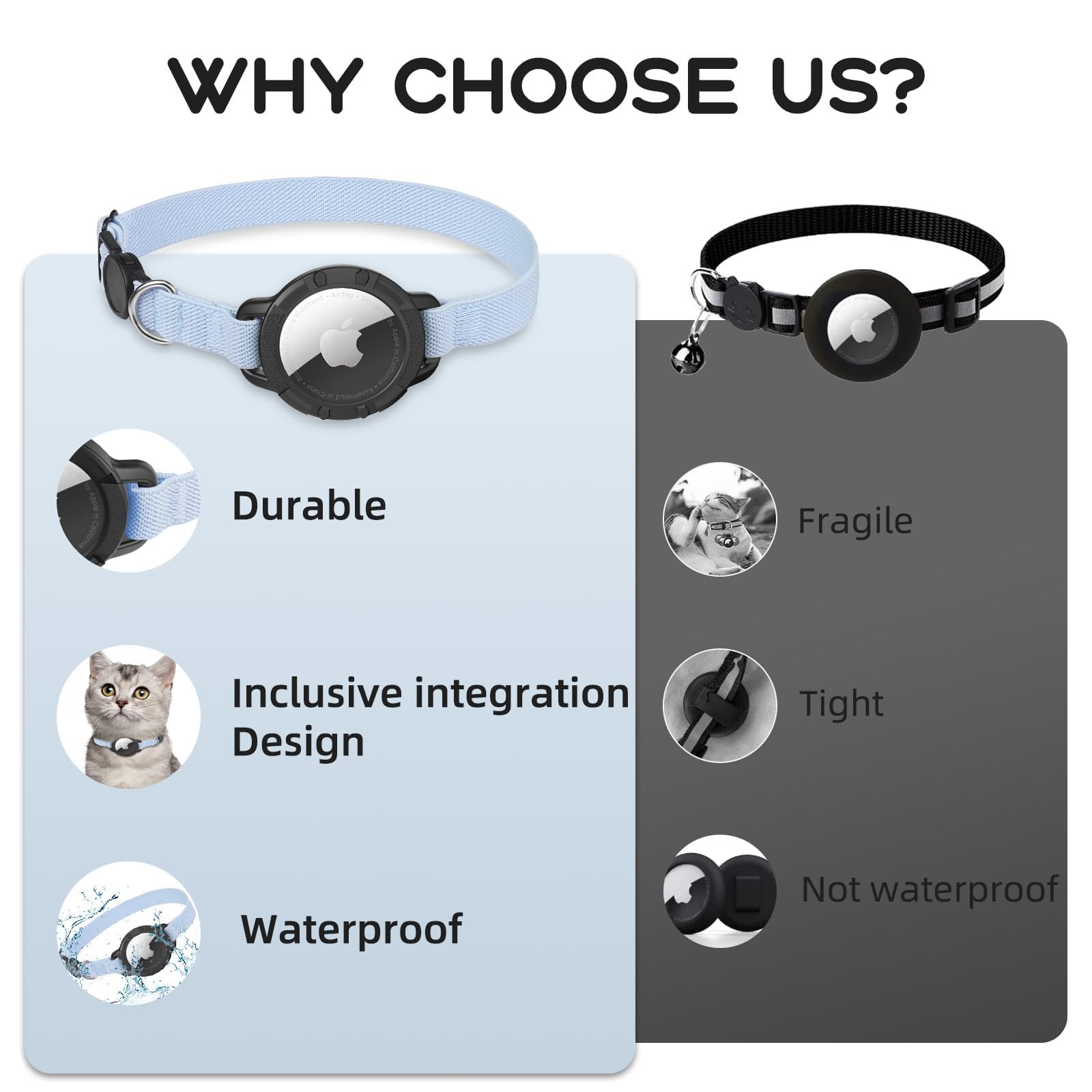 طوق للقطط من ايرتاج، طوق للقطط الصغيرة قابل للتمدد مع حامل ابل اير تاج وجرس، تصميم قابل للفصل فائق المرونة لتتبع نظام تحديد المواقع GPS للقطط والجراء (رمادي)