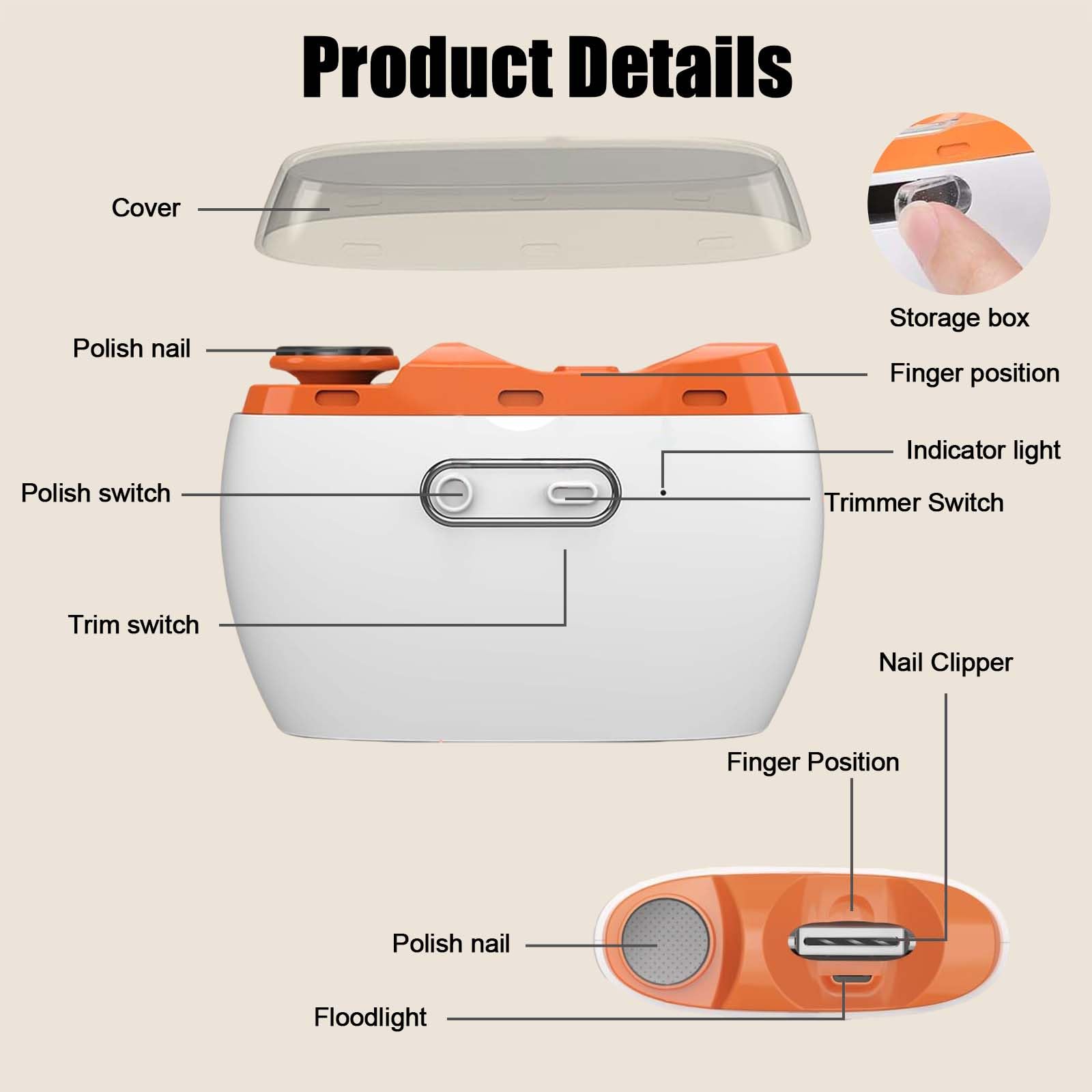 قصافة اظافر كهربائية اوتوماتيكية 2 في 1، قصافة اظافر وملمع اظافر للاطفال مع ضوء LED وتخزين قصاصات الاظافر، قابلة لاعادة الشحن بمنفذ USB للاطفال والنساء وكبار السن