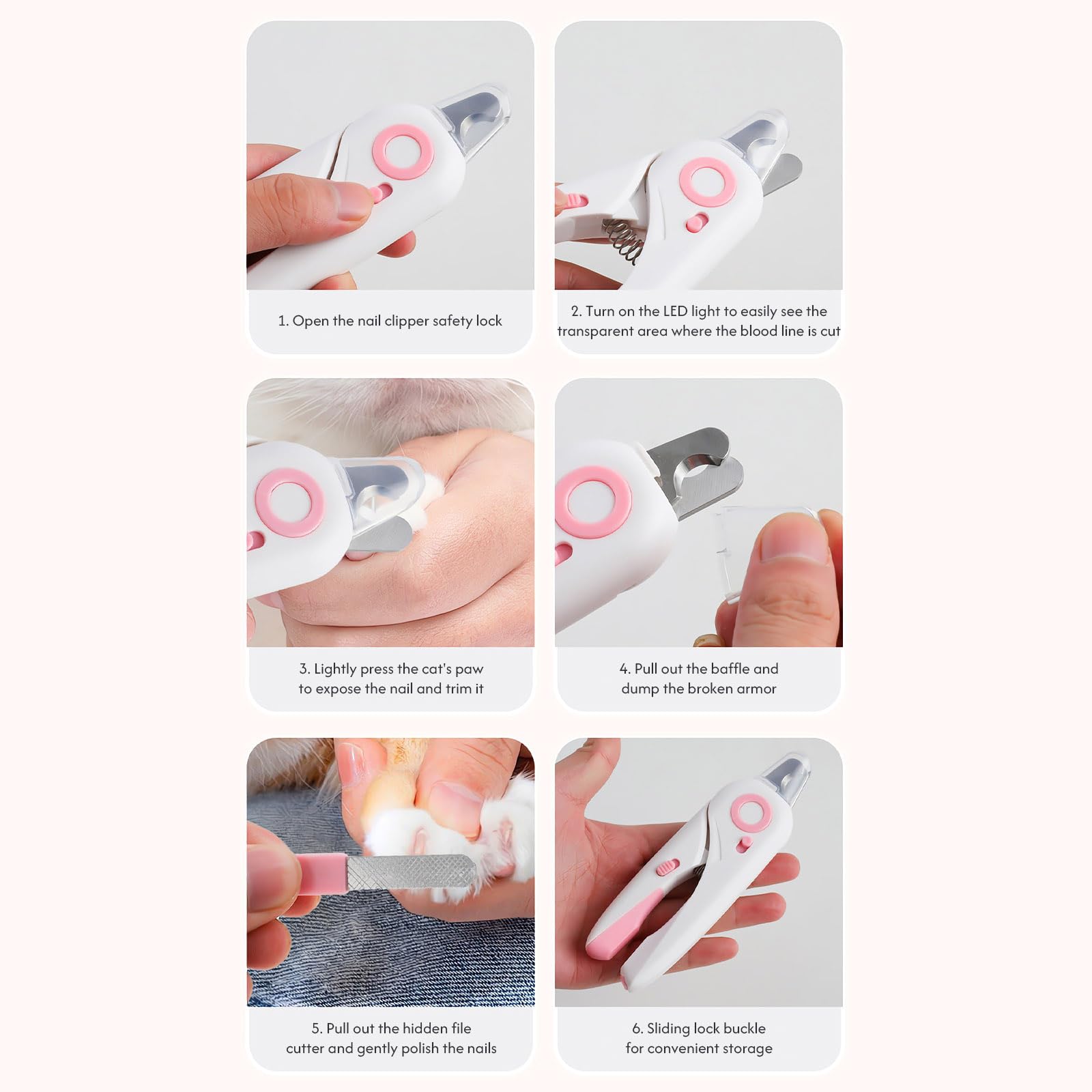 قصافة اظافر مع ضوء LED للقطط والكلاب، قصافة اظافر احترافية لمنع القص الزائد والعناية بالحيوانات الاليفة (بينك)