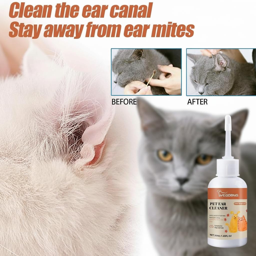 قطرات منظف اذن الحيوانات الاليفة 50 مل، عناية لطيفة للاذن للكلاب والقطط، تزيل الاوساخ والشمع والروائح الكريهة
