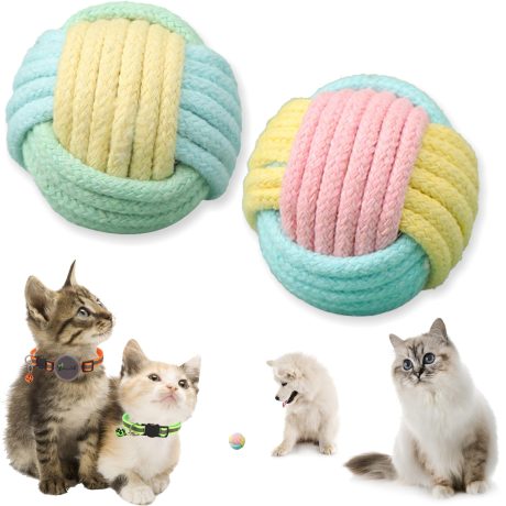 كرات لعبة للقطط الصغيرة مع جرس من يوانجوسز، كرات تفاعلية رياضية للقطط مصنوعة من حبل قطني، العاب لعب للحيوانات الاليفة في الاماكن المغلقة والمفتوحة، مناسبة للقطط والقطط والكلاب (قطعتين)
