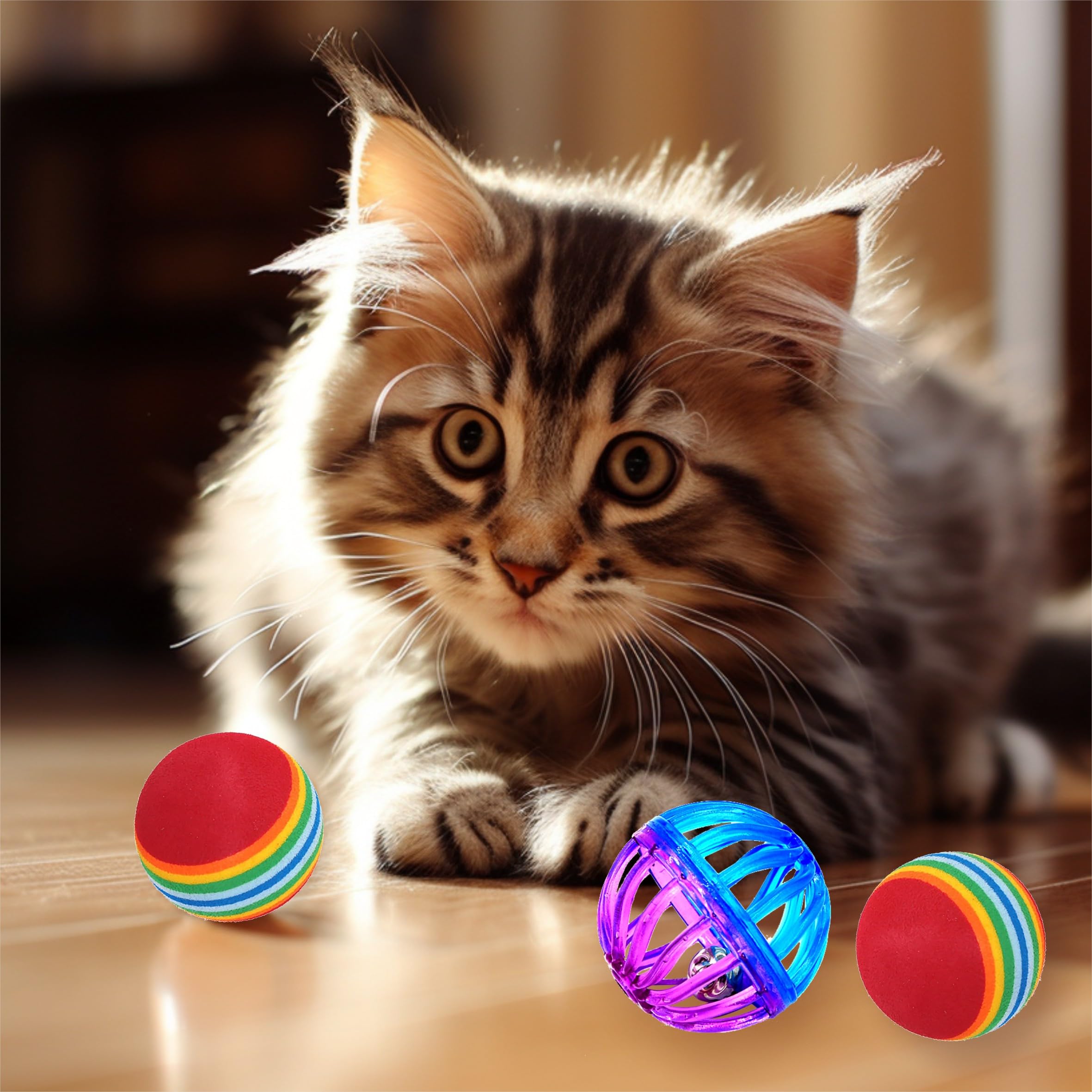 كرة لعب للقطط (عبوة من 6 قطع) كرة تفاعلية من فوم ايفا الناعم بلون احمر قوس قزح وكرة جرس للقطط. لعبة القط المفضلة للقطط، لعبة جرو كرة مطاردة هادئة، كرة اسفنجية، كرة لعبة للقطط مع جرس