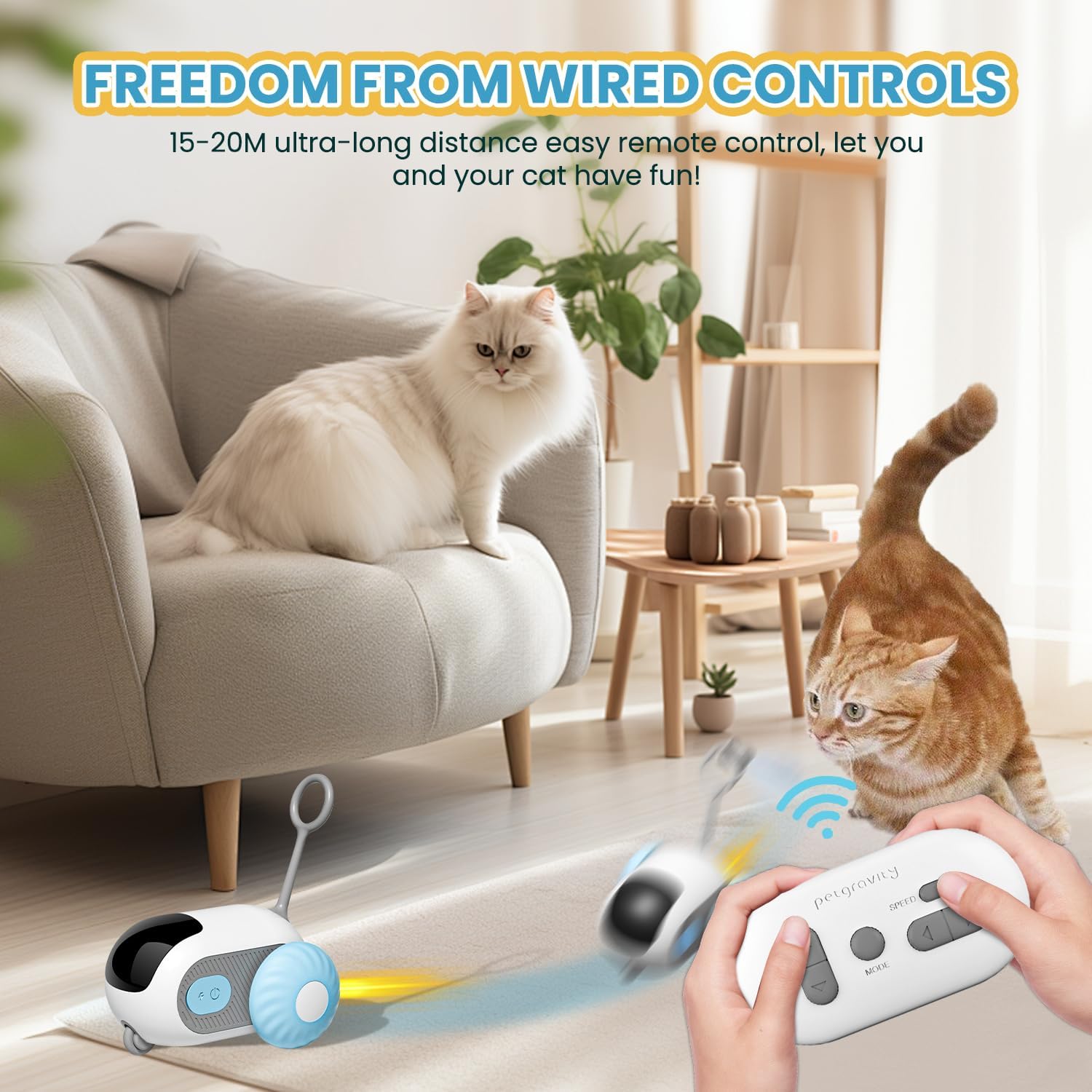 لعبة تفاعلية مطورة للقطط بجهاز تحكم عن بعد في الأماكن المغلقة بتصميم سيارة لعبة ذكية ذاتية التشغيل وقابلة لإعادة الشحن بمنفذ USB مع ريش من نيكومي (لون برتقالي)