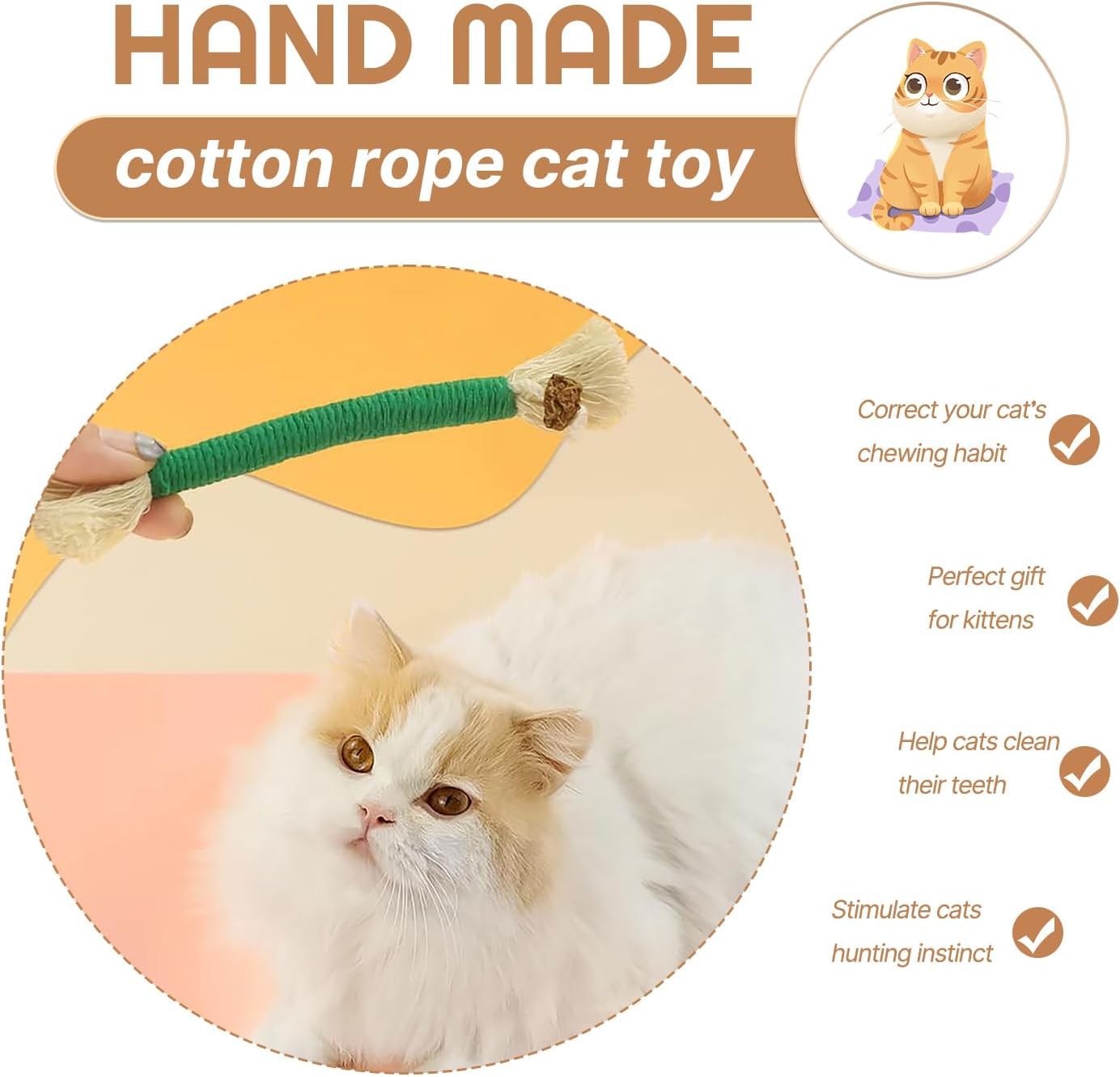 لعبة حبل عض النعناع البري من لونيميا، 4 قطع، لعبة مضغ للقطط، رفيق لعب تفاعلي ومستقل، لعبة تسنين القطط لتنظيف اسنان القطط، للاستخدام الداخلي، قطن، النعناع البري الطبيعي