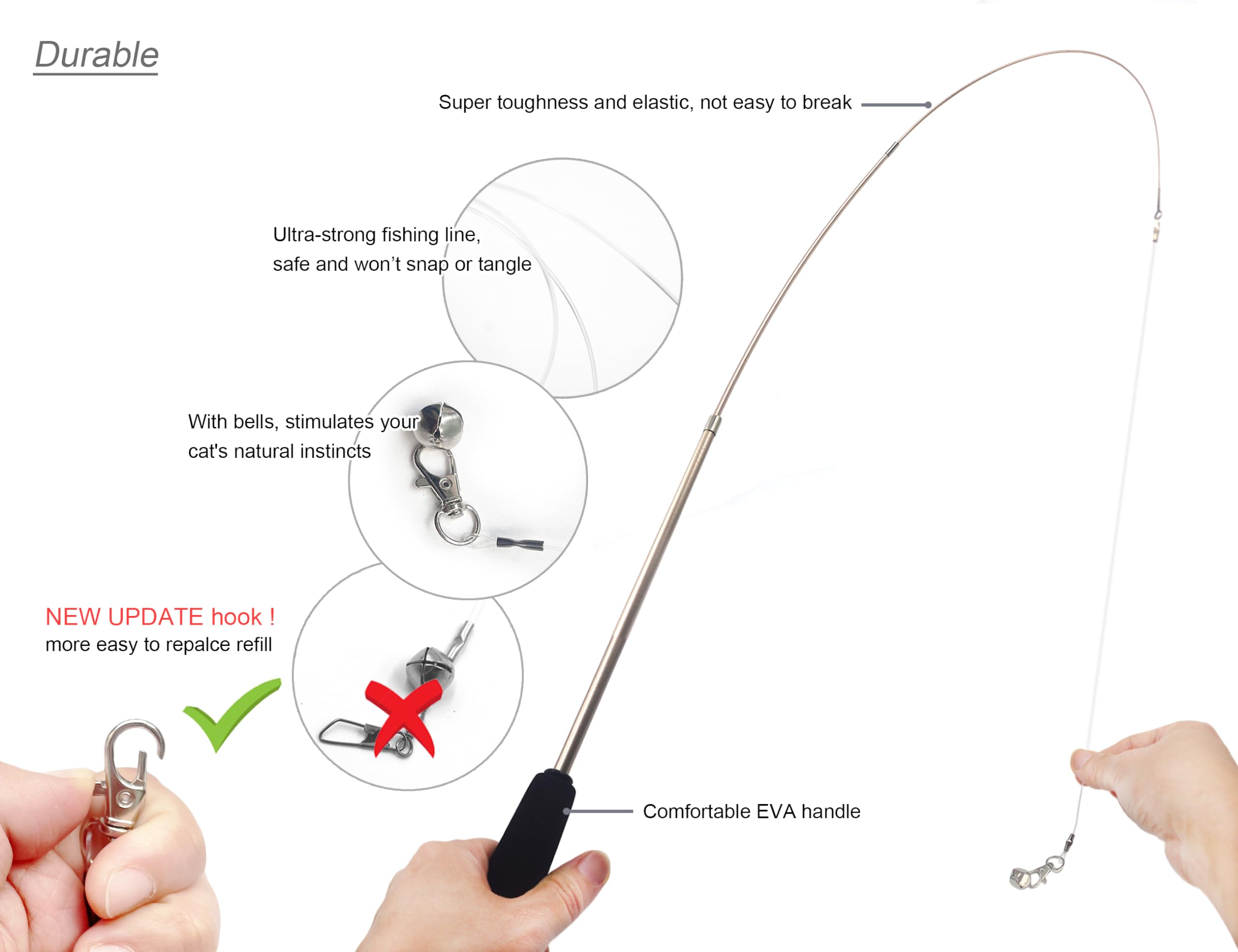 لعبة ريشة تفاعلية بعصا قابلة للسحب للقطط بطول 1.75 متر مع جرس من بلينجو، 5 عبوات إعادة التعبئة (4 أقسام)