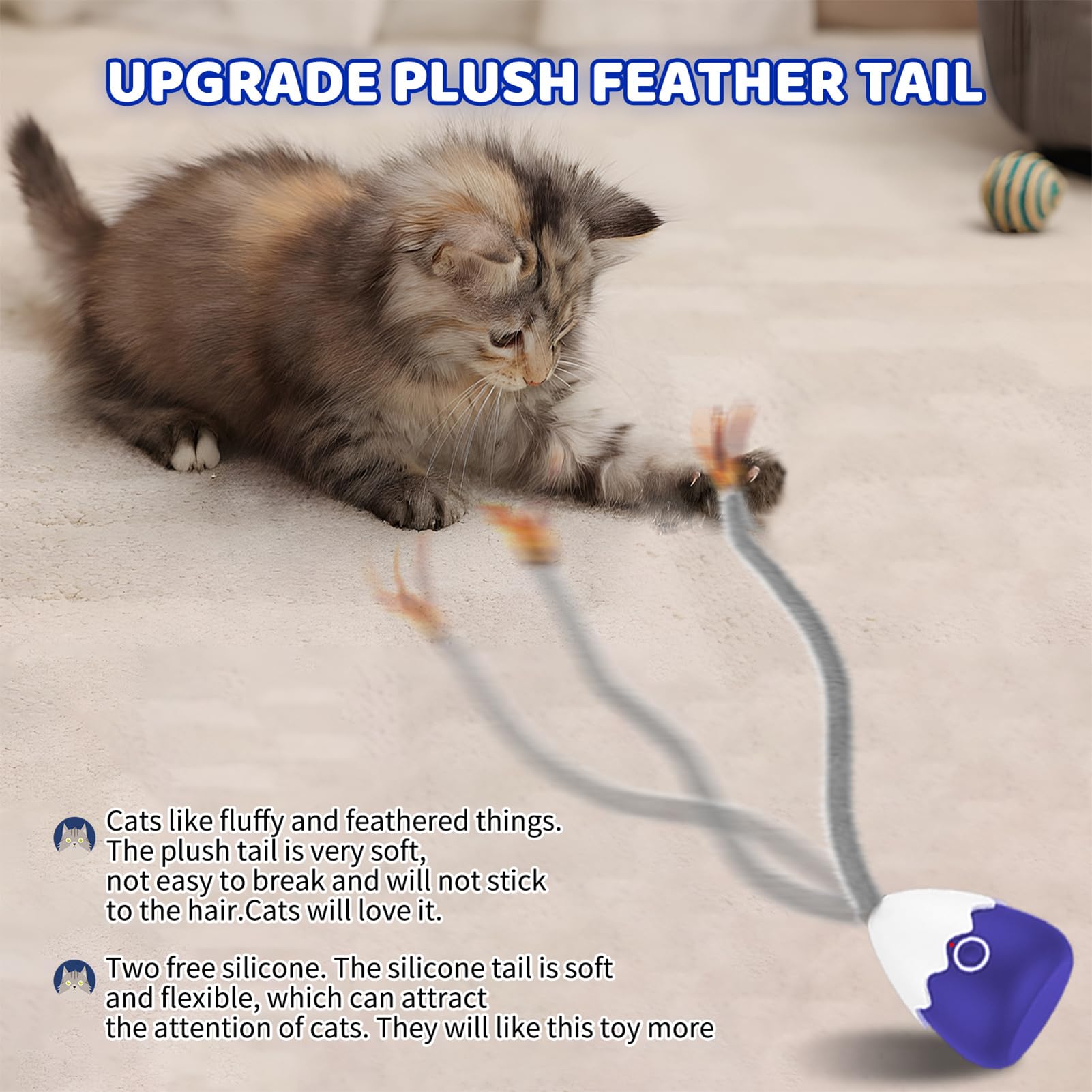 لعبة للقطط من بيتكرونيز، العاب مخملية تفاعلية اوتوماتيكية قابلة لاعادة الشحن مع ذيل تشويقي سيليكون، مثالية للقطط والقطط الصغيرة، رفيق ممتع للتمرين واللعب (MR-ازرق)