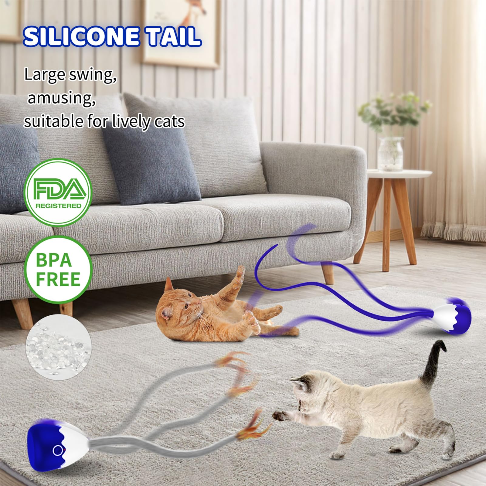 لعبة للقطط من بيتكرونيز، العاب مخملية تفاعلية اوتوماتيكية قابلة لاعادة الشحن مع ذيل تشويقي سيليكون، مثالية للقطط والقطط الصغيرة، رفيق ممتع للتمرين واللعب (اسود)