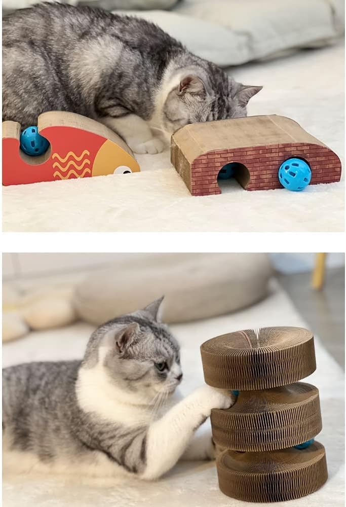 لوح خدش للقطط السحرية من رايت شور، خداشة قطط، لعبة للقطط قابلة للطي مع كرة جرس متينة وقابلة لاعادة التدوير للعب في الاماكن المغلقة