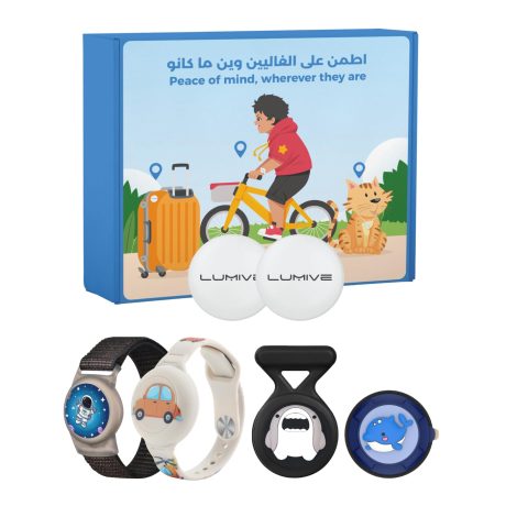 لوميف مجموعة تتبع ذكية للأطفال-2أيرتاج بلوتوث متوافقة مع أبل فايند ماي+سوار سيليكون مقاوم للماء+سوار نايلون+2حافظة سيليكون بدبوس أمان مخفي-تصاميم مرحة (Power)