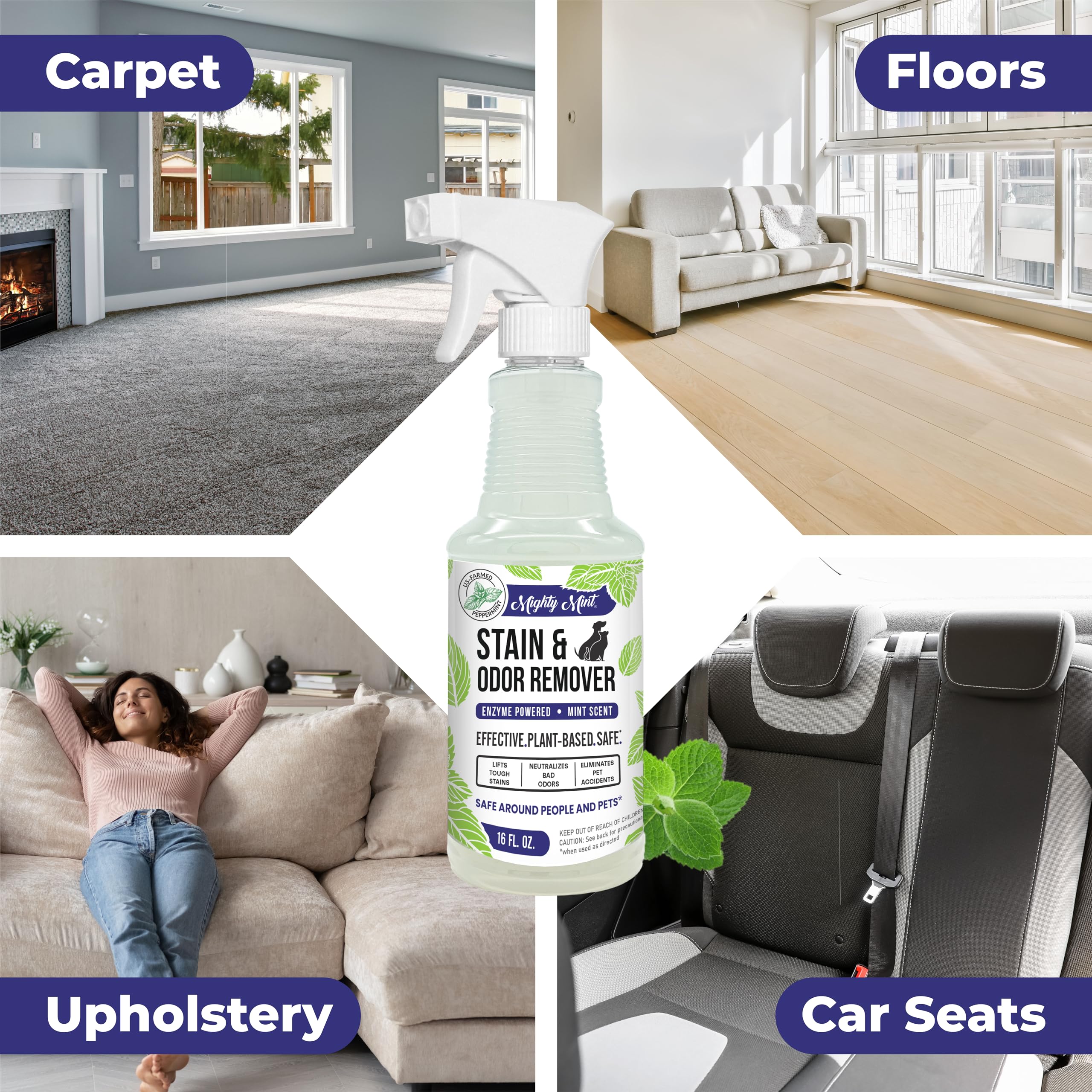 مايتي مينت مزيل البقع والروائح الكريهة، بخاخ انزيم طبيعي يحيد الروائح والبقع من الكلاب والقطط على السجاد والاثاث، برائحة النعناع الطبيعية، 16 اونصة