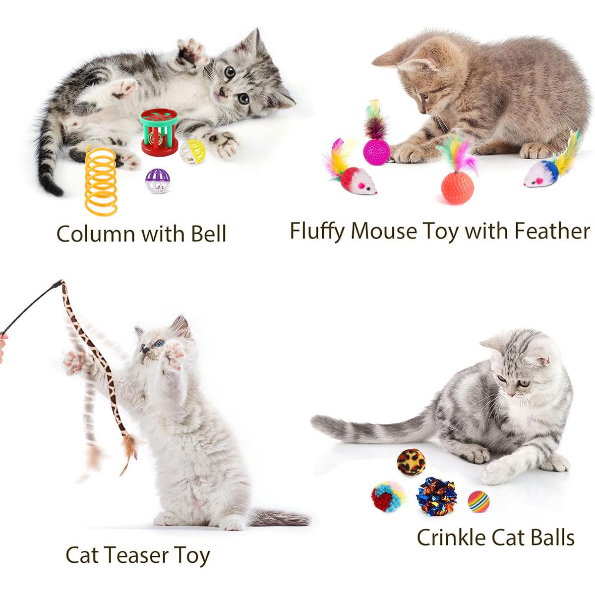 مجموعة ألعاب قطط، ألعاب تفاعلية لجميع القطط، قابلة للطي بـ 3 طرق للعب على شكل نفق وعصا جرس وكرة من الفرو ونابض وفأر وسمك ونعناع بري للقطط والجراء من اي سي في في®، 30 قطعة