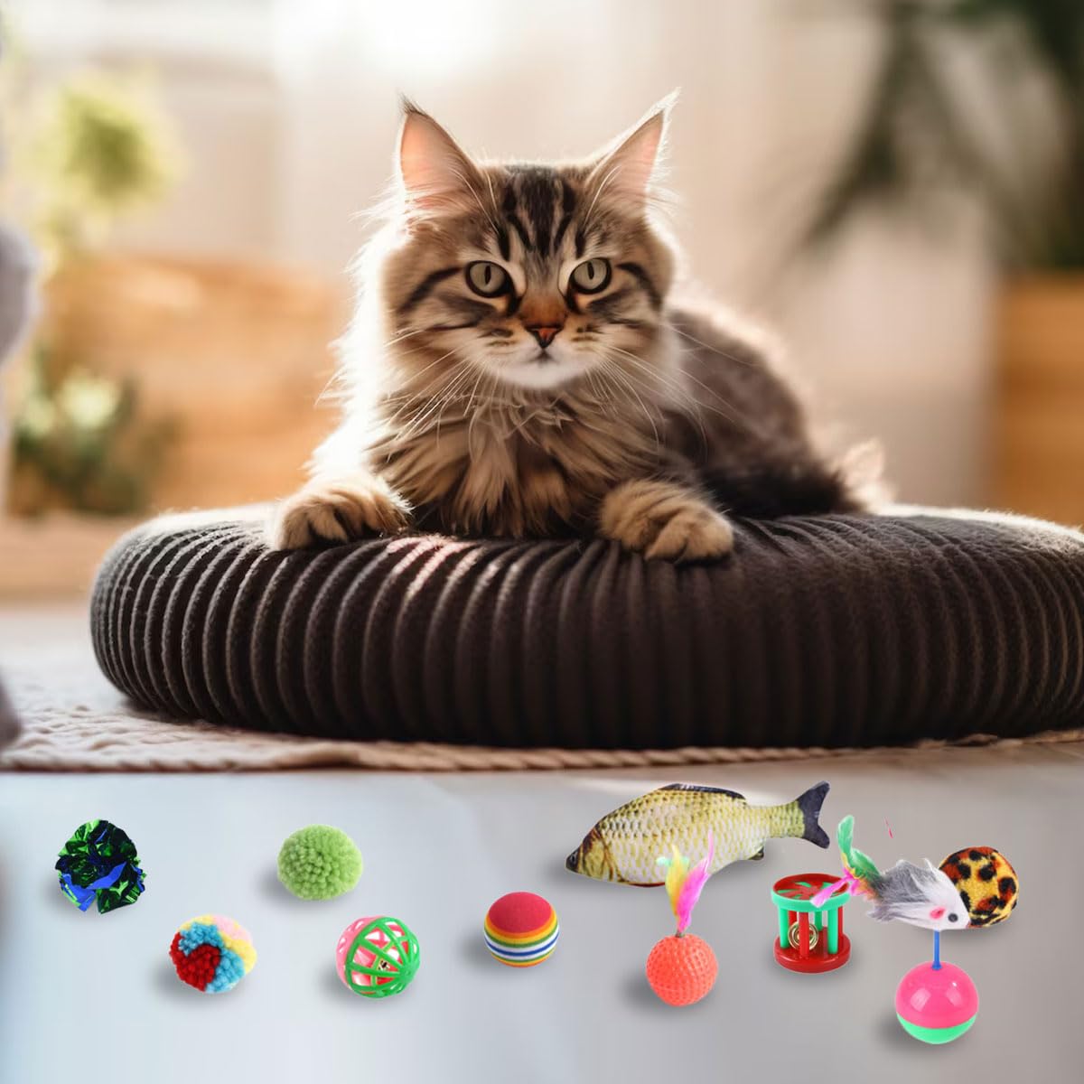 مجموعة ألعاب قطط، ألعاب تفاعلية لجميع القطط، قابلة للطي بـ 3 طرق للعب على شكل نفق وعصا جرس وكرة من الفرو ونابض وفأر وسمك ونعناع بري للقطط والجراء من اي سي في في®، 30 قطعة