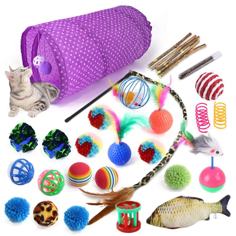 مجموعة ألعاب قطط، ألعاب تفاعلية لجميع القطط، قابلة للطي بـ 3 طرق للعب على شكل نفق وعصا جرس وكرة من الفرو ونابض وفأر وسمك ونعناع بري للقطط والجراء من اي سي في في®، 30 قطعة