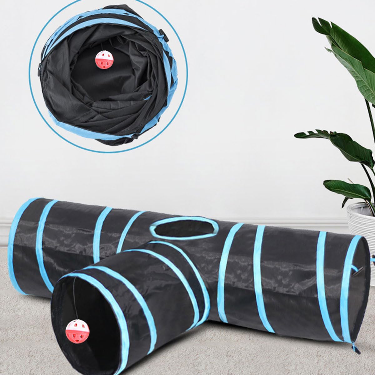 مجموعة ألعاب قطط، ألعاب تفاعلية للقطط لجميع القطط، قابلة للطي بـ 21 طرق للعب على شكل نفق ثلاثي الفتحات وعصا جرس وكرة ونابض وفأر وسمك للقطط والجراء من اي سي في في® 21 قطعة