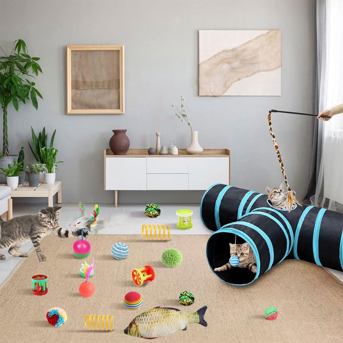 مجموعة ألعاب قطط، ألعاب تفاعلية للقطط لجميع القطط، قابلة للطي بـ 21 طرق للعب على شكل نفق ثلاثي الفتحات وعصا جرس وكرة ونابض وفأر وسمك للقطط والجراء من اي سي في في® 21 قطعة
