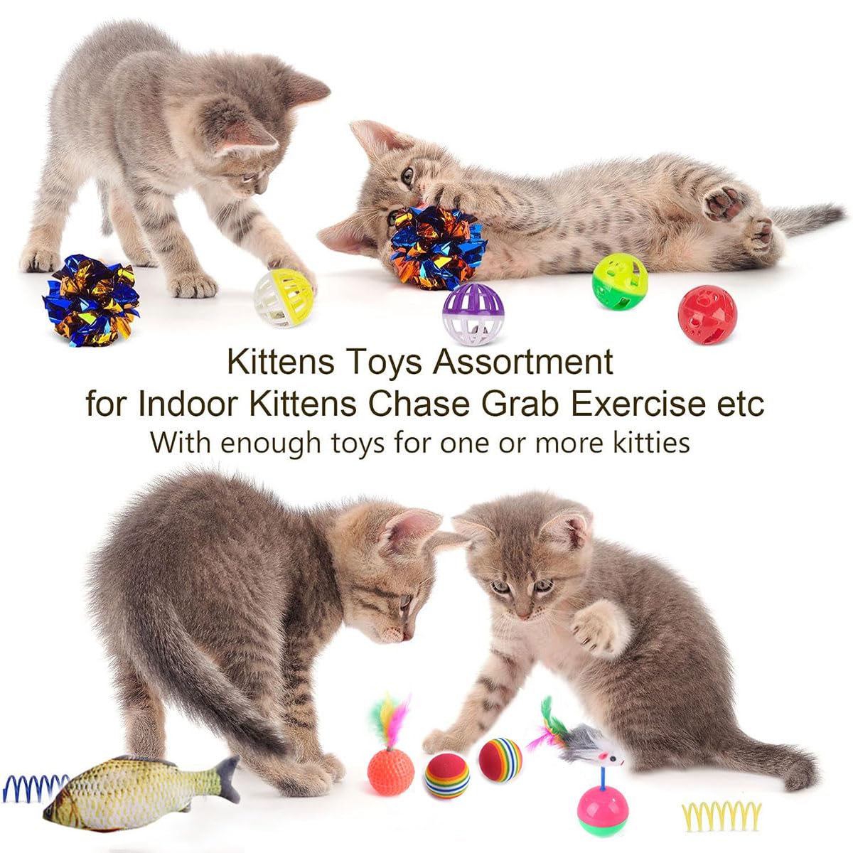 مجموعة ألعاب قطط، ألعاب تفاعلية للقطط لجميع القطط، قابلة للطي بـ 21 طرق للعب على شكل نفق ثلاثي الفتحات وعصا جرس وكرة ونابض وفأر وسمك للقطط والجراء من اي سي في في® 21 قطعة