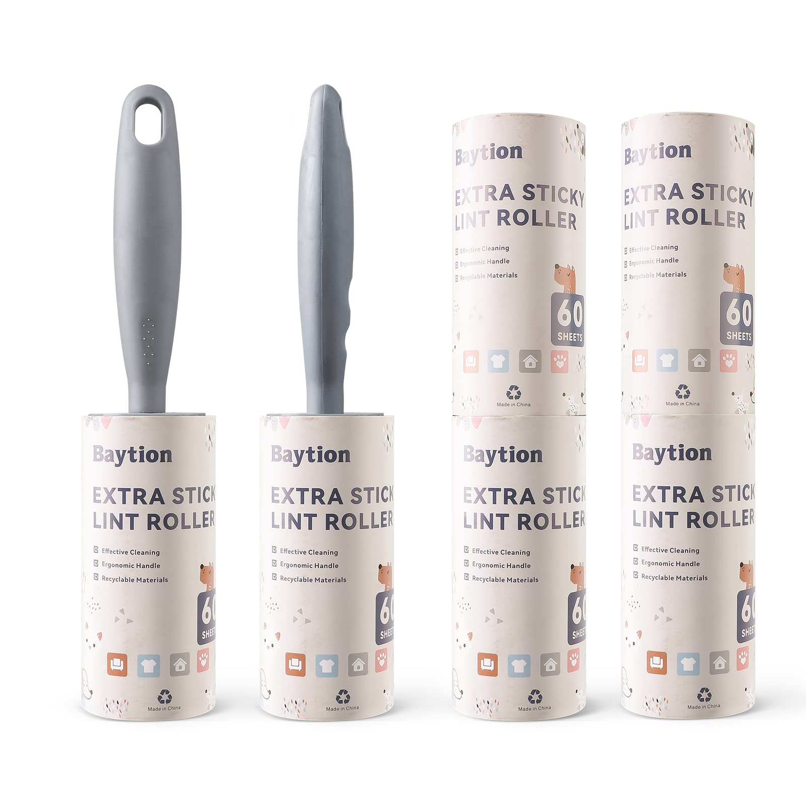 مجموعة ازالة الوبر الدوارة من بايشن مع 6 عبوات اعادة تعبئة، فرشاة زغب للملابس والاثاث والسرير والسيارة وشعر القطط والكلاب والسجاد والغبار (360 ورقة)