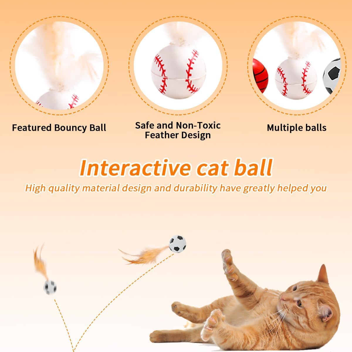 مجموعة العاب كرات ريشة للقطط من جوميراي، 9 قطع - العاب قطط نطاطة مرنة مع ذيول ريشة، كرات دوارة مطاطية للقطط في الاماكن المغلقة وتمارين القطط الصغيرة