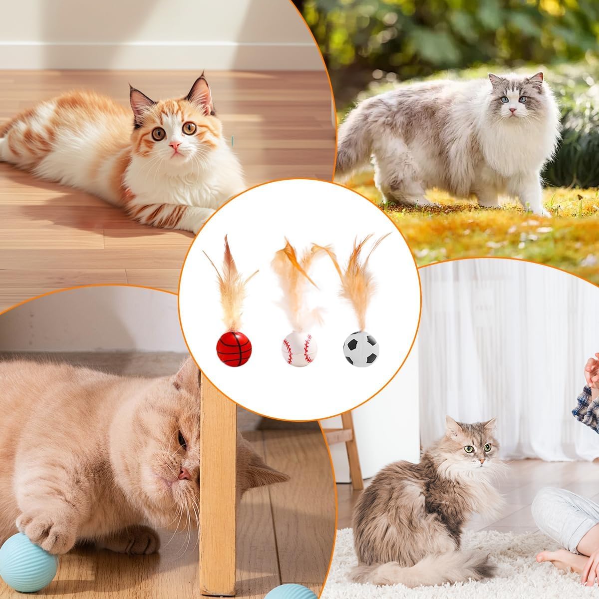 مجموعة العاب كرات ريشة للقطط من جوميراي، 9 قطع - العاب قطط نطاطة مرنة مع ذيول ريشة، كرات دوارة مطاطية للقطط في الاماكن المغلقة وتمارين القطط الصغيرة